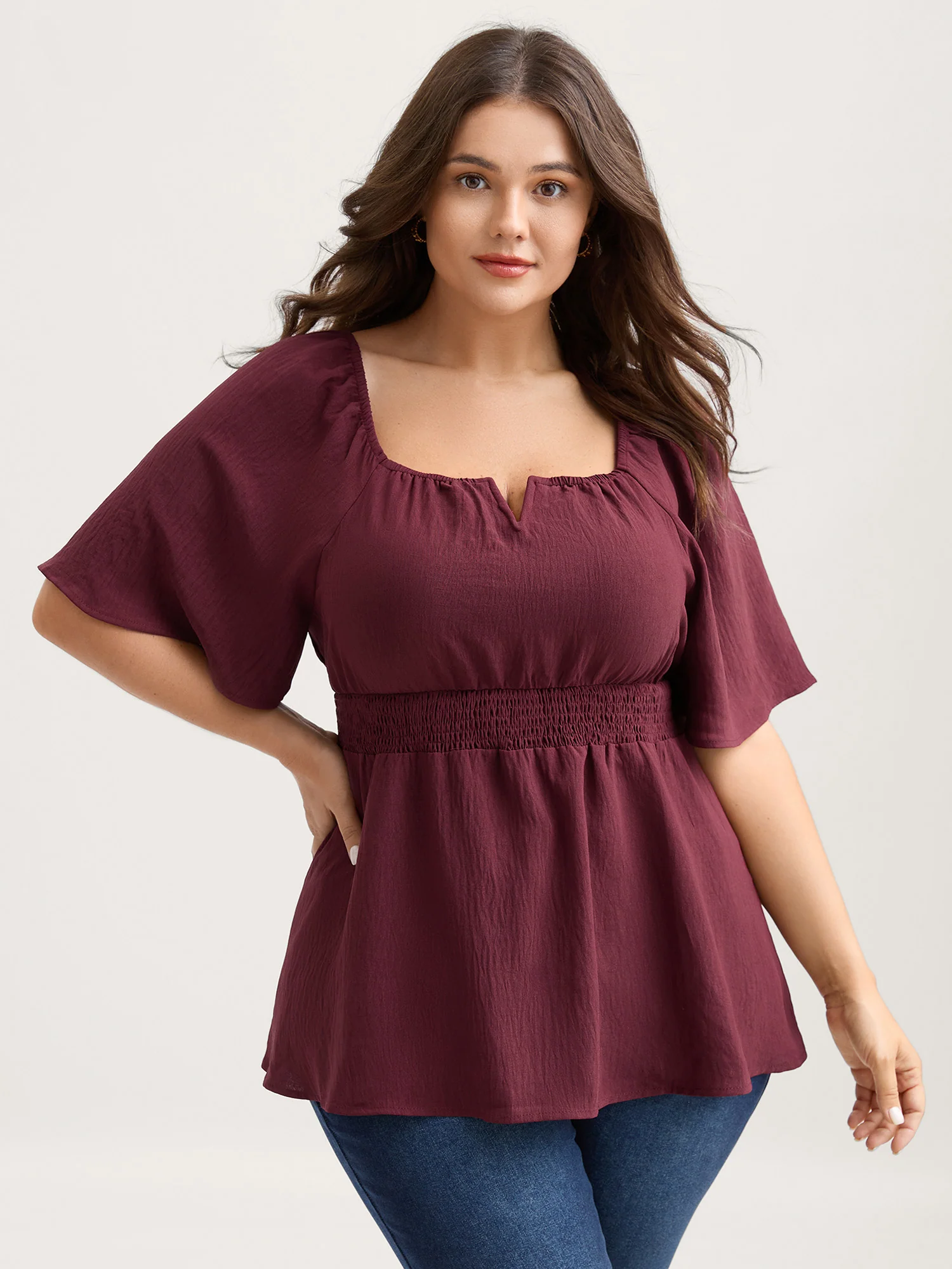 Stretchy Neckline Waist-Cinched Solid Blouse - Image 2