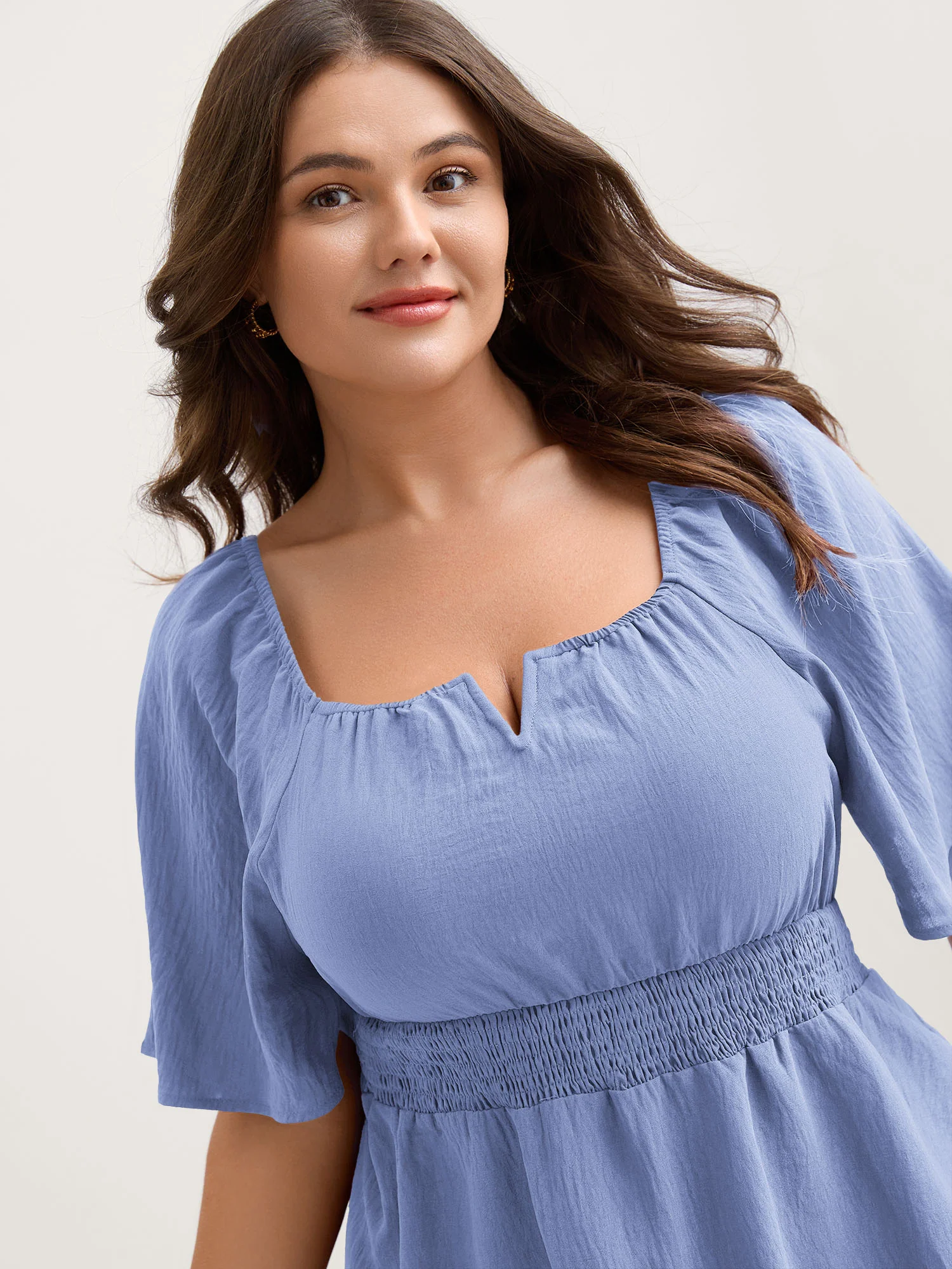 Stretchy Neckline Waist-Cinched Solid Blouse - Image 20