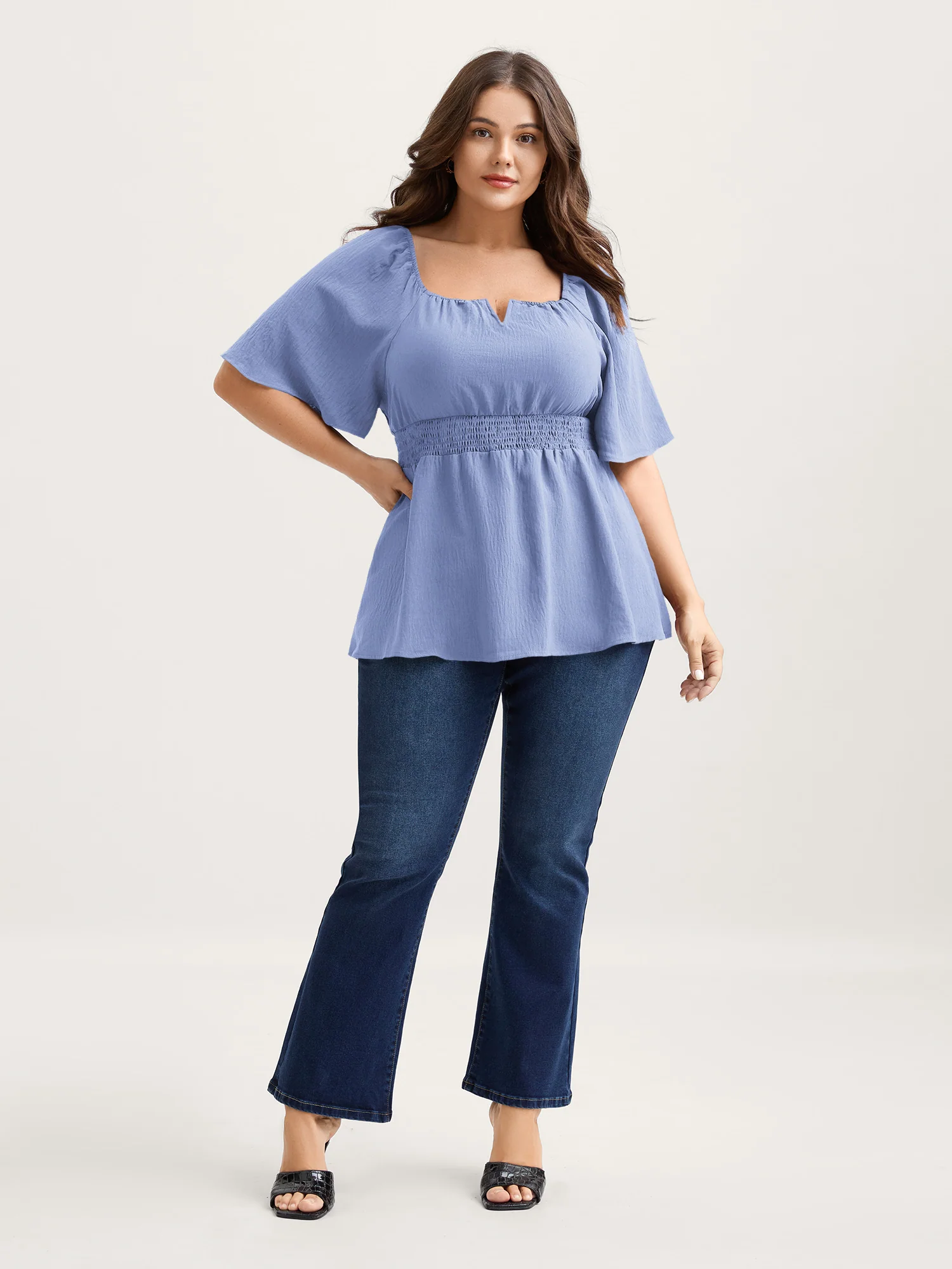 Stretchy Neckline Waist-Cinched Solid Blouse - Image 22