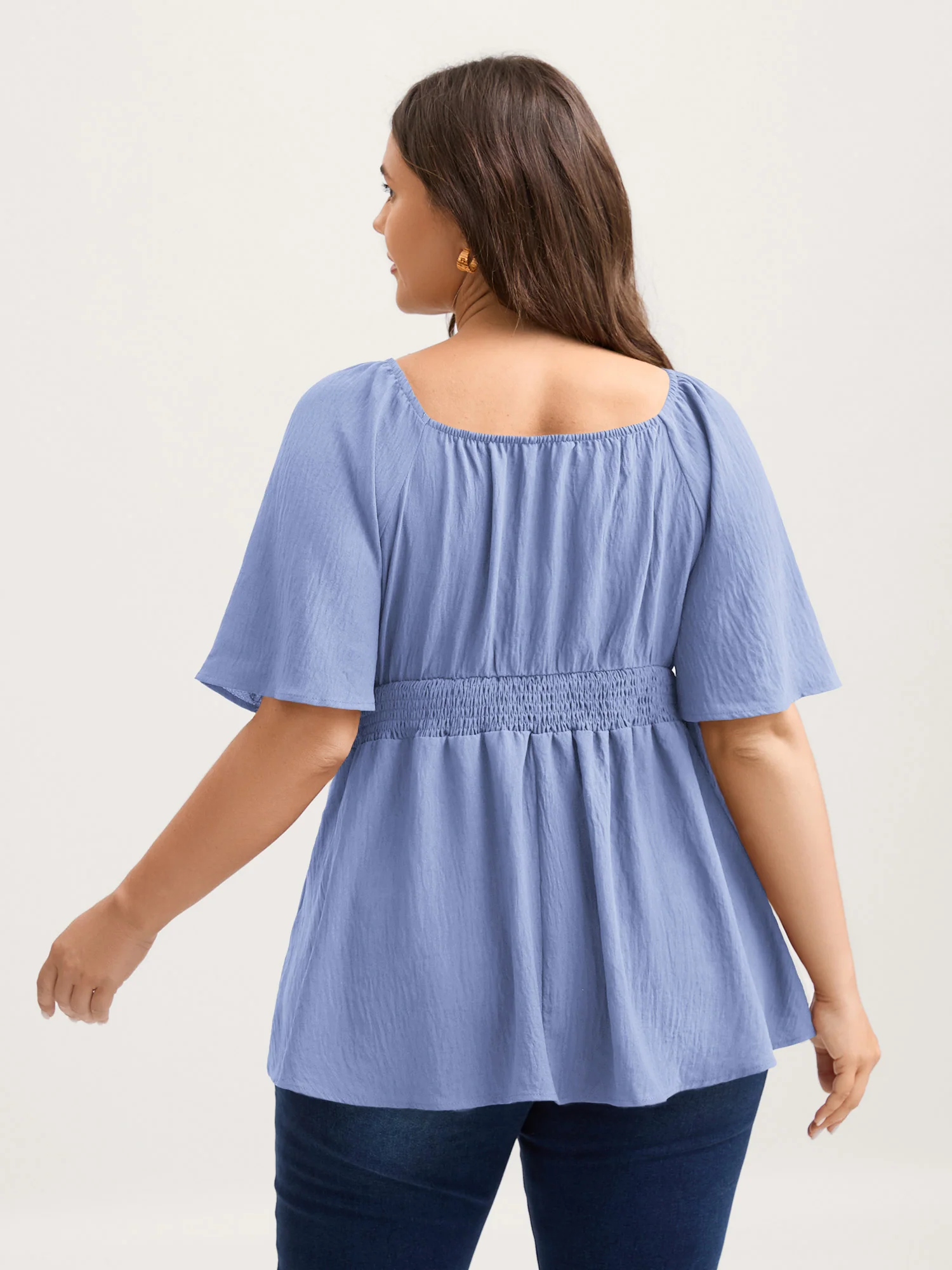 Stretchy Neckline Waist-Cinched Solid Blouse - Image 23