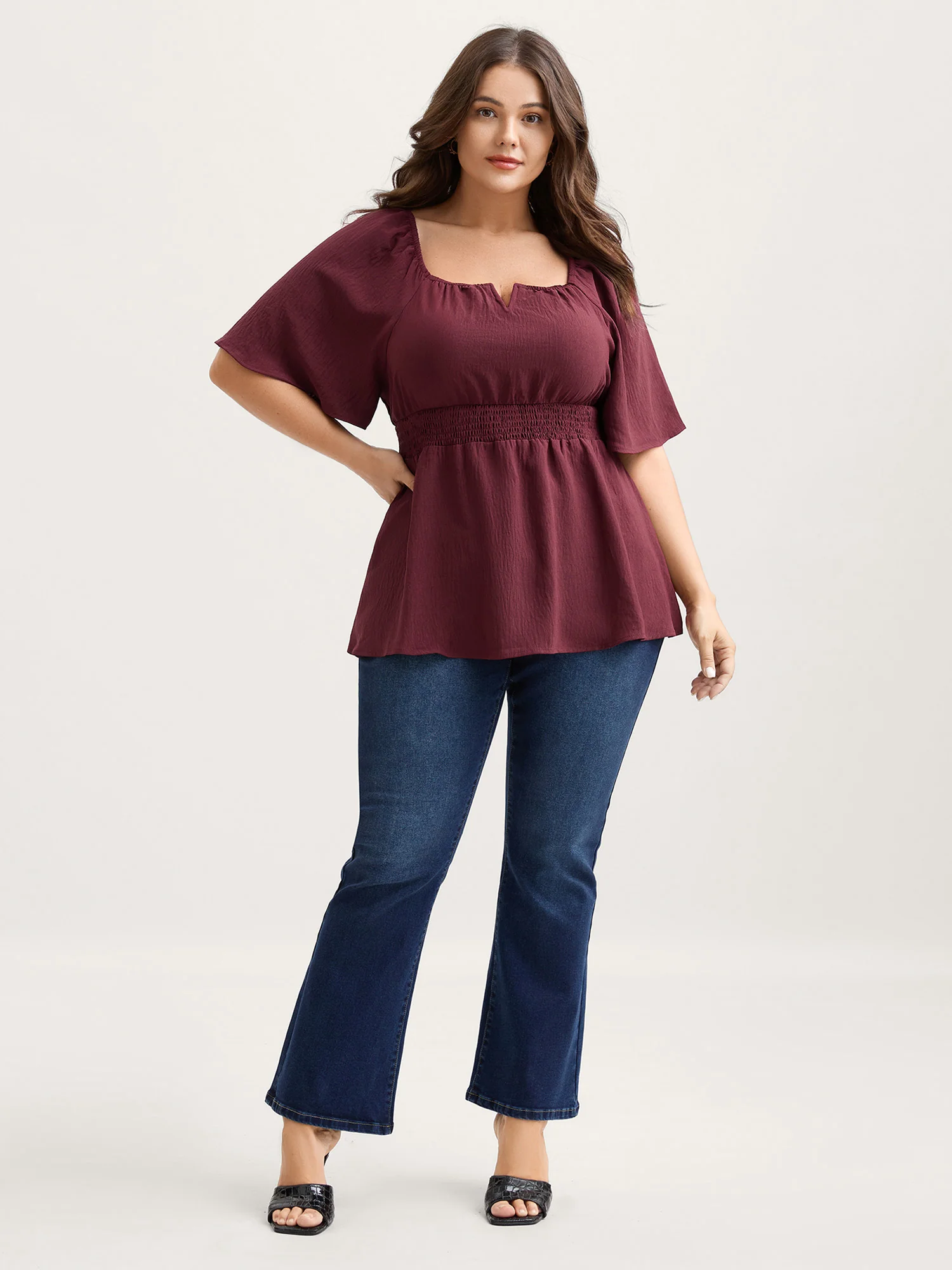 Stretchy Neckline Waist-Cinched Solid Blouse - Image 3