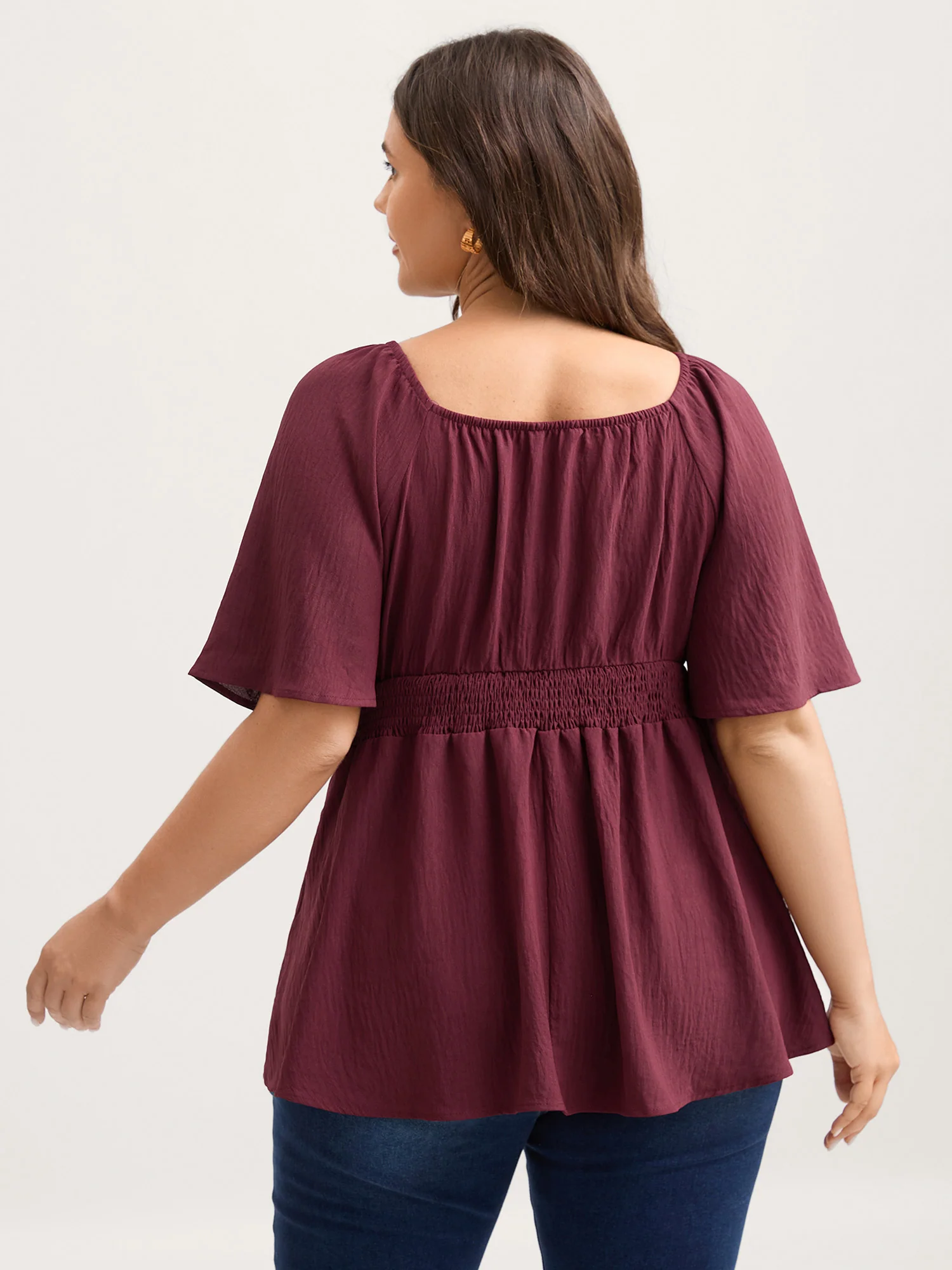 Stretchy Neckline Waist-Cinched Solid Blouse - Image 4
