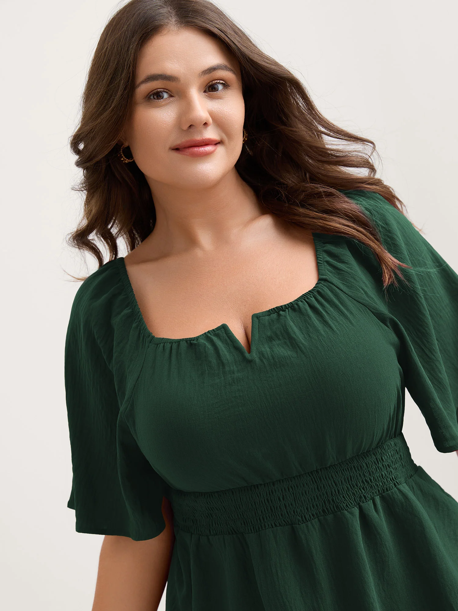 Stretchy Neckline Waist-Cinched Solid Blouse - Image 8