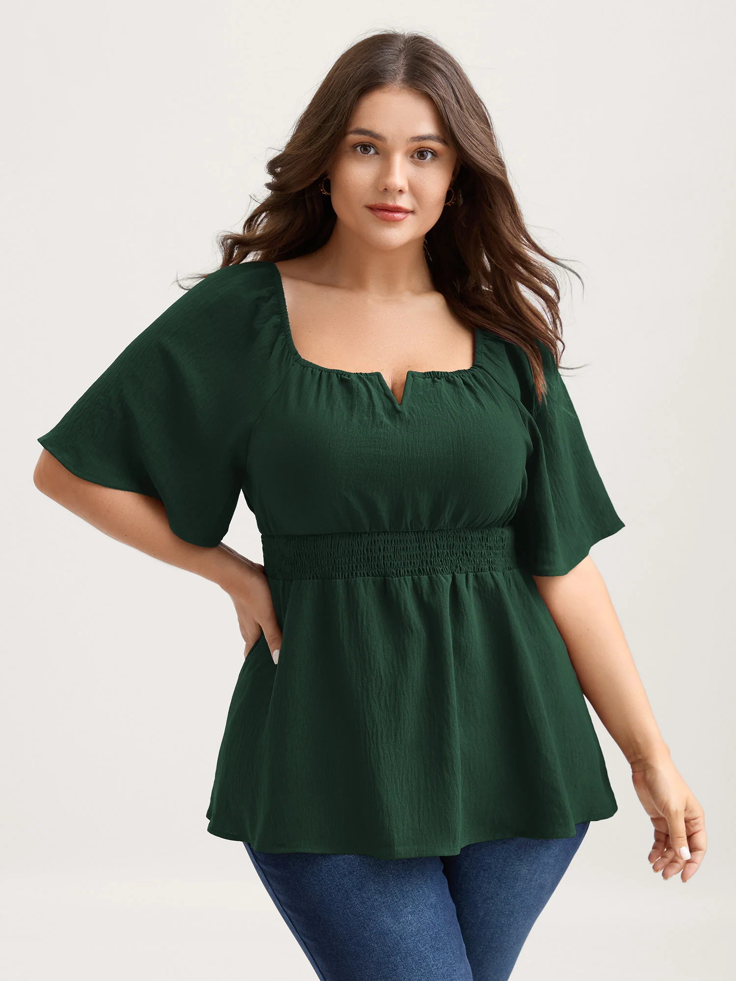 Stretchy Neckline Waist-Cinched Solid Blouse - Image 9