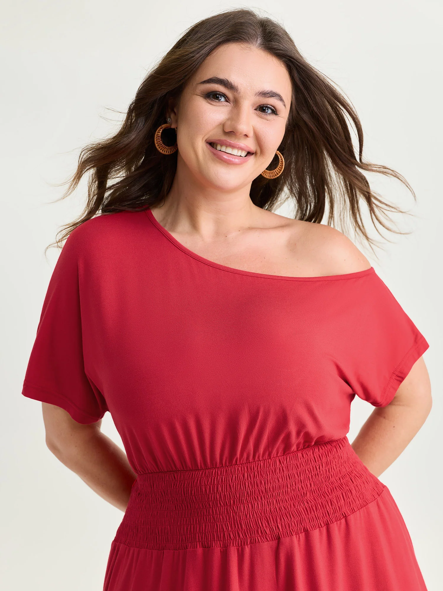 Stretchy Off-Shoulder Shirred Waist Mini Dress - Image 2