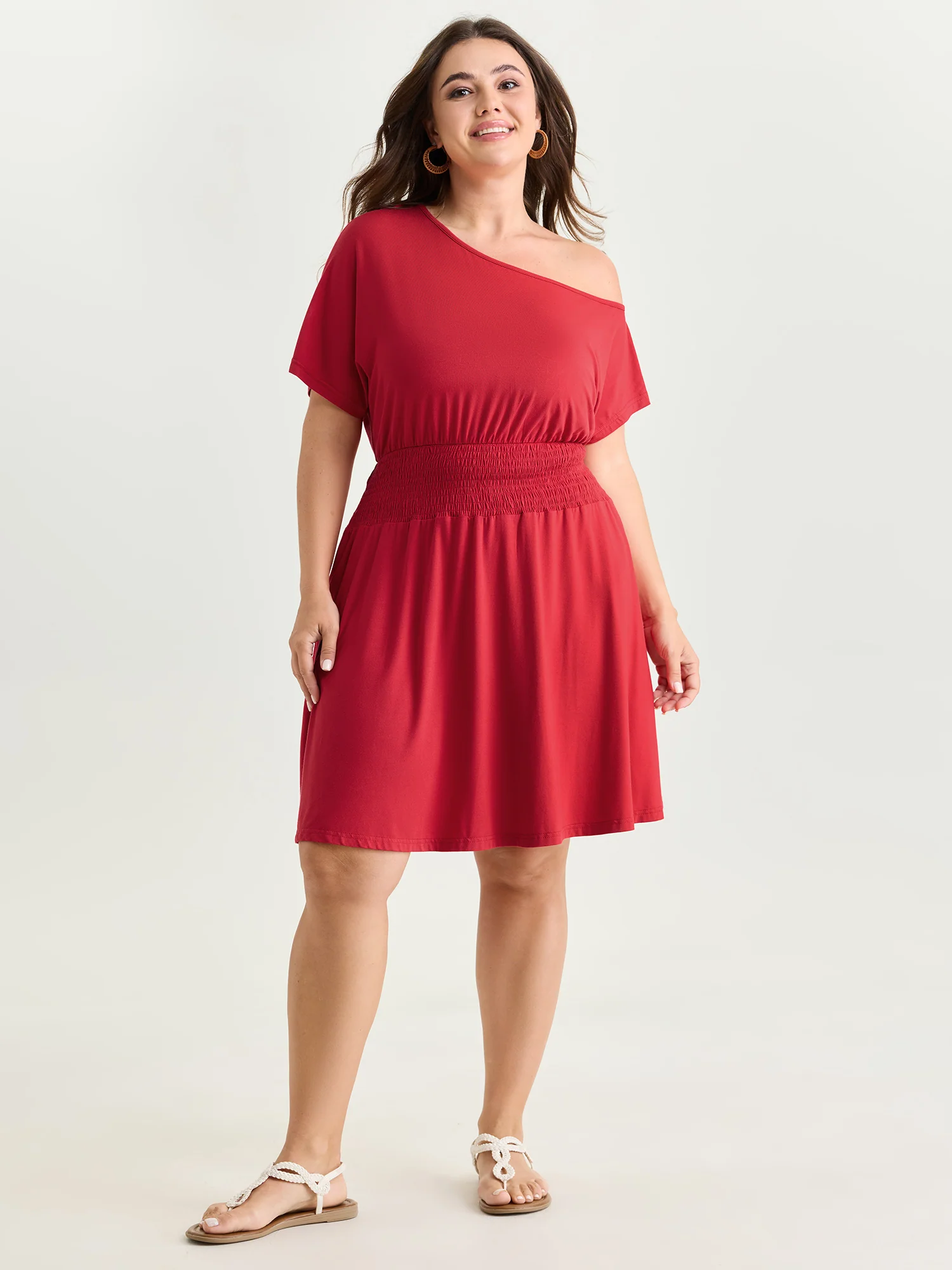 Stretchy Off-Shoulder Shirred Waist Mini Dress - Image 3