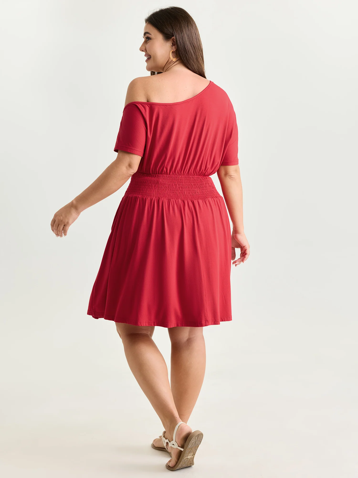 Stretchy Off-Shoulder Shirred Waist Mini Dress - Image 5