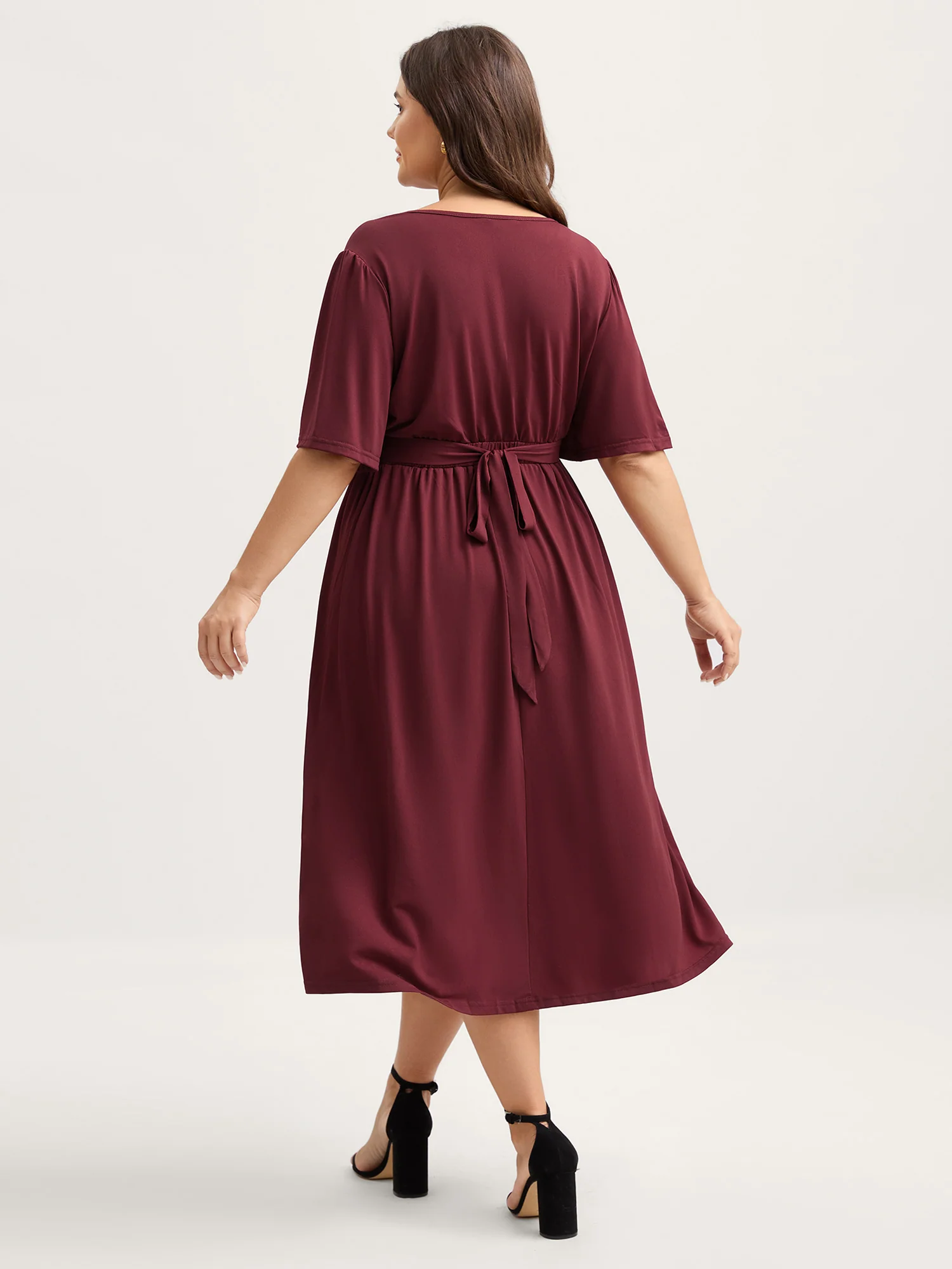 Stretchy Overlap Belted Pockets Midi Dress - Image 4