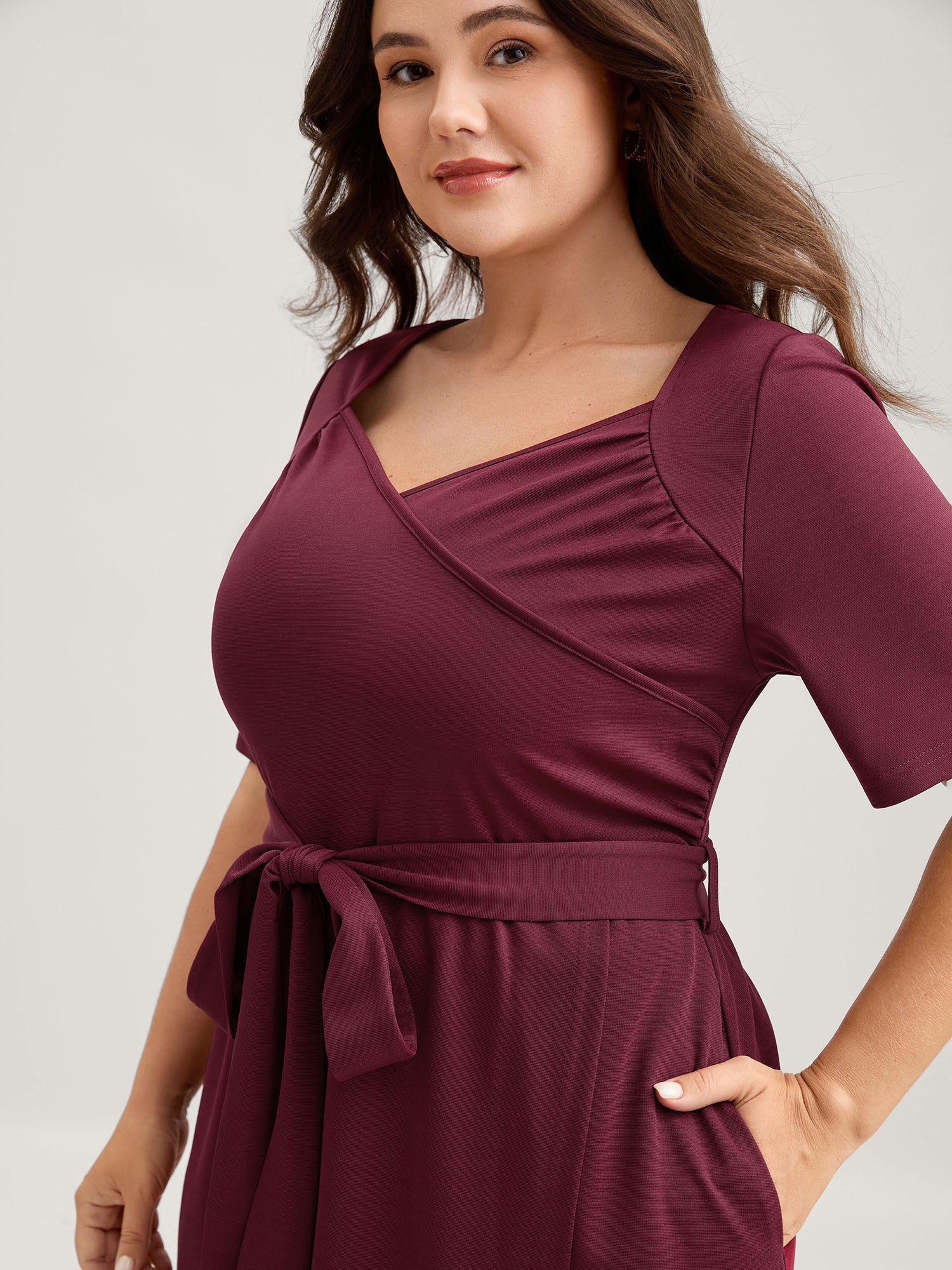 Stretchy Overlap Bodice Pockets Knit Midi Dress - Image 2