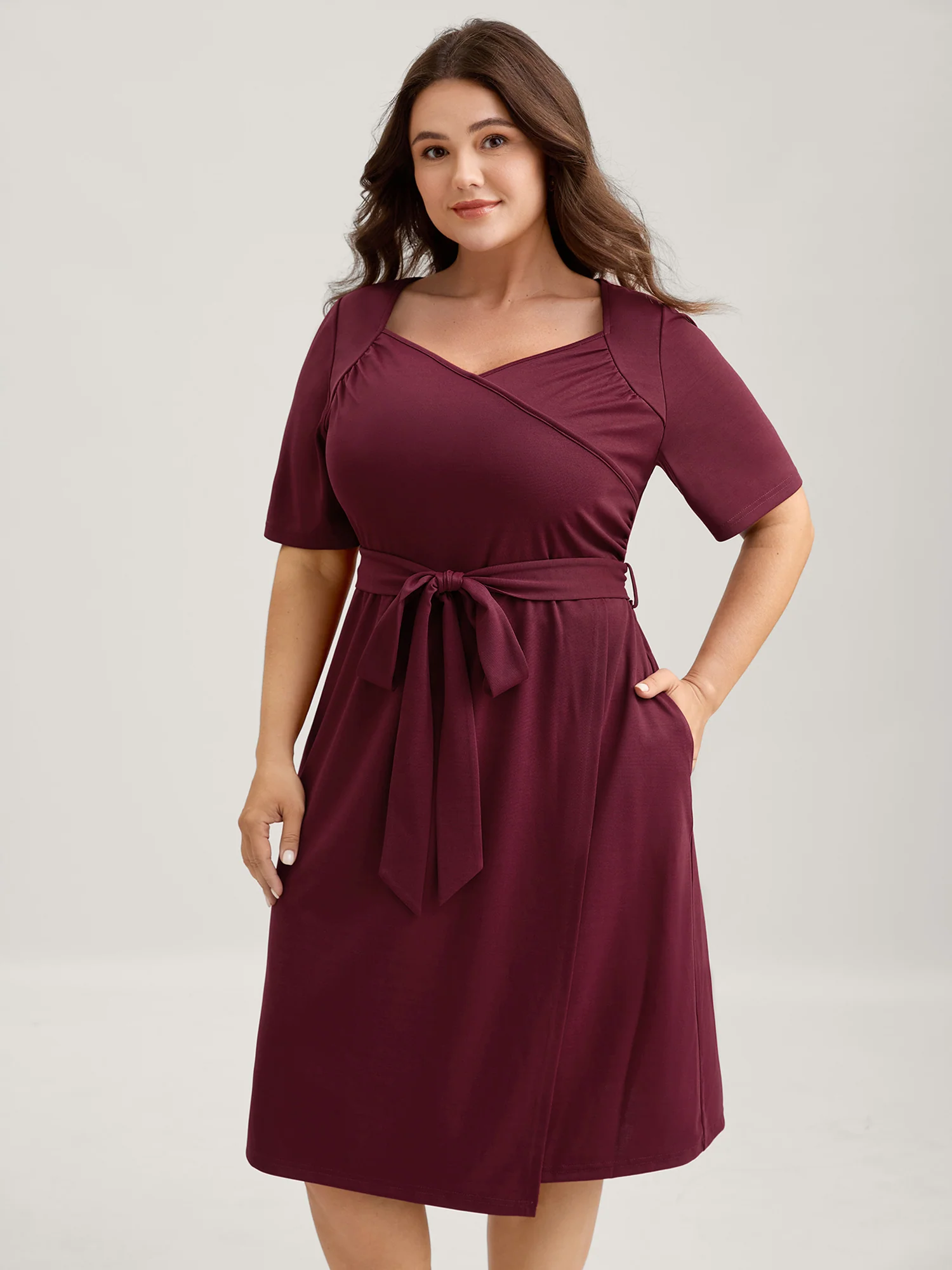 Stretchy Overlap Bodice Pockets Knit Midi Dress - Image 3