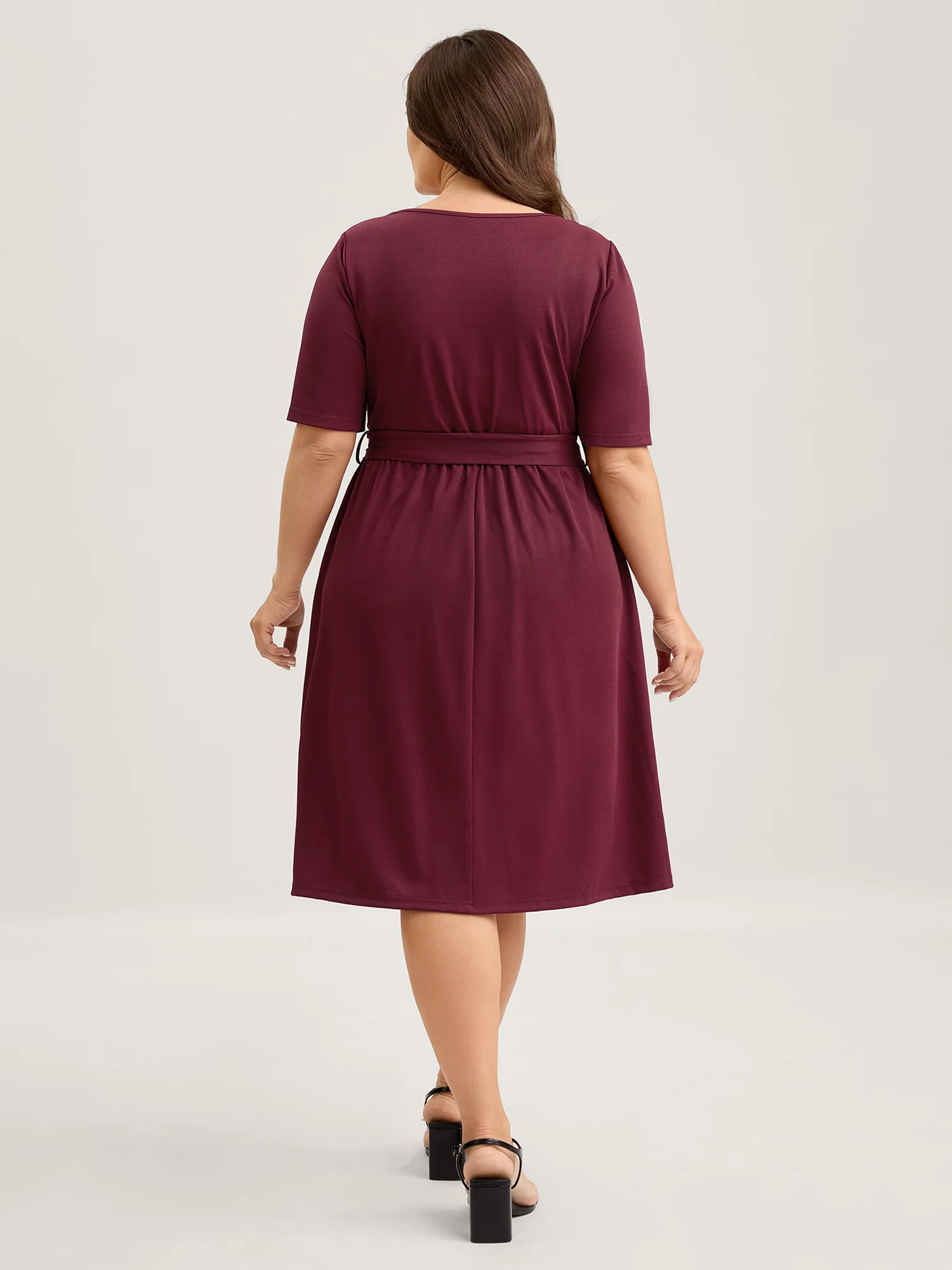 Stretchy Overlap Bodice Pockets Knit Midi Dress - Image 4