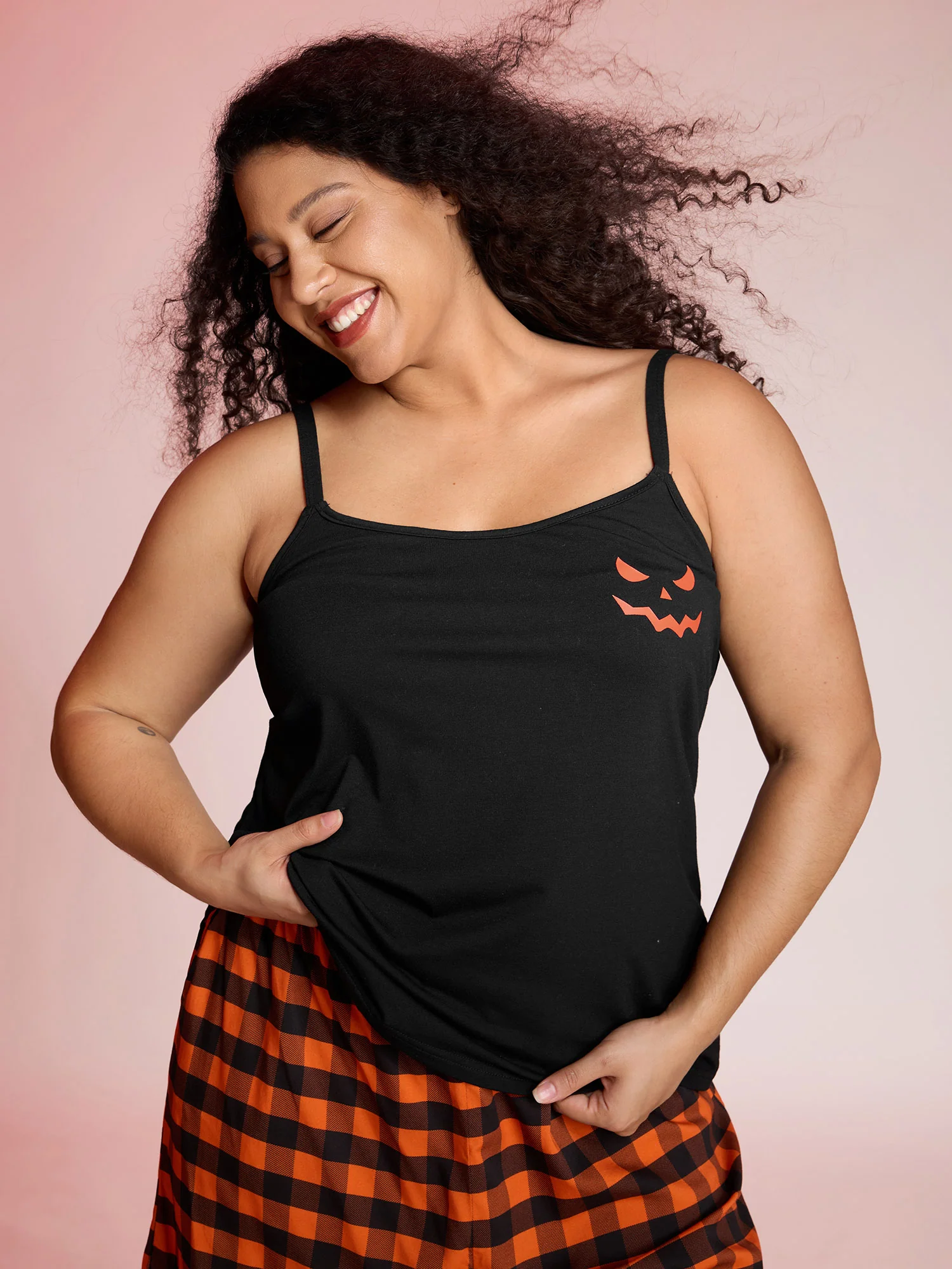 Stretchy Plaid Contrast Loungewear Set - Image 2