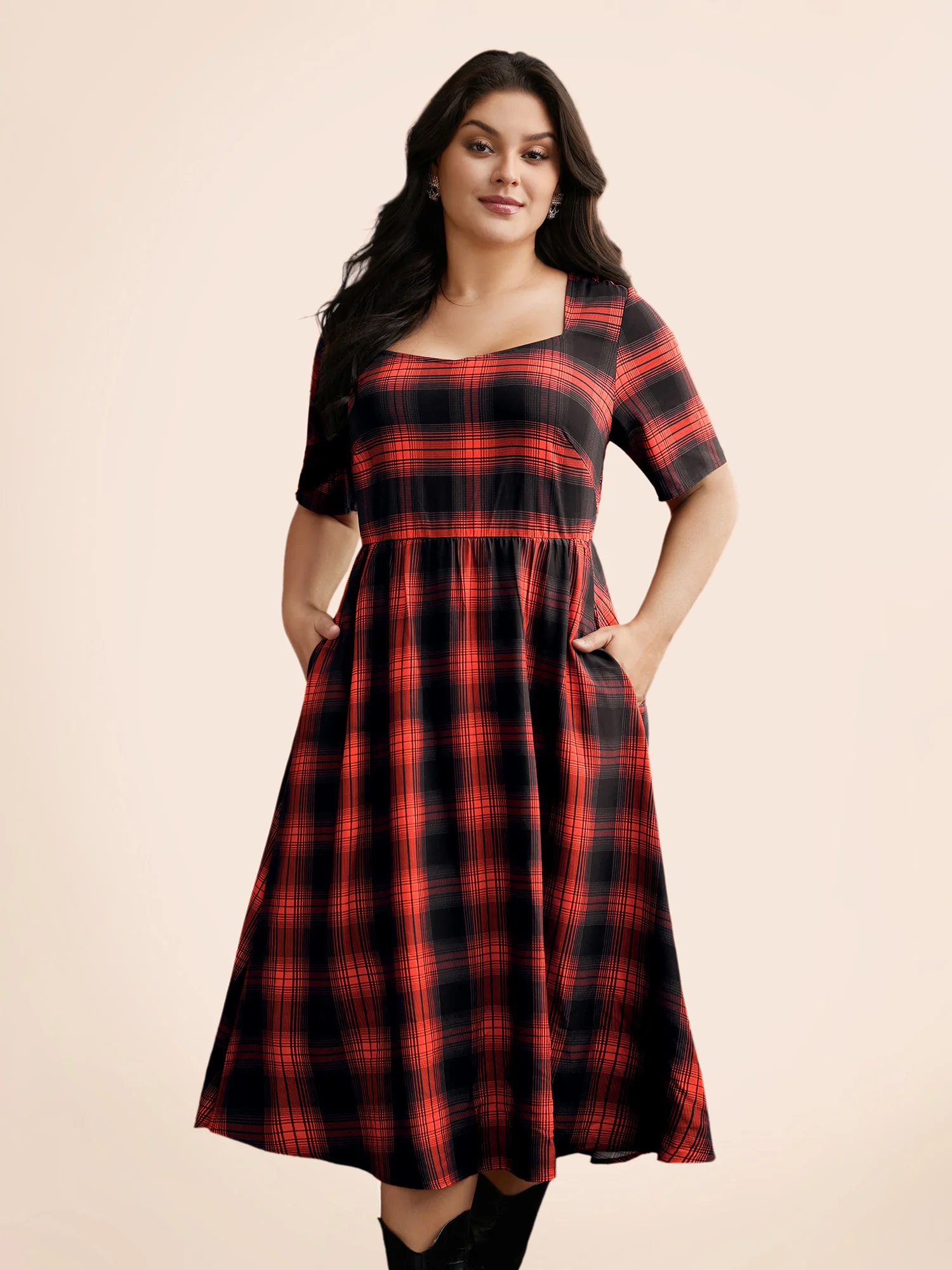 Stretchy Plaid Contrast Splicing Midi Dress - Image 3