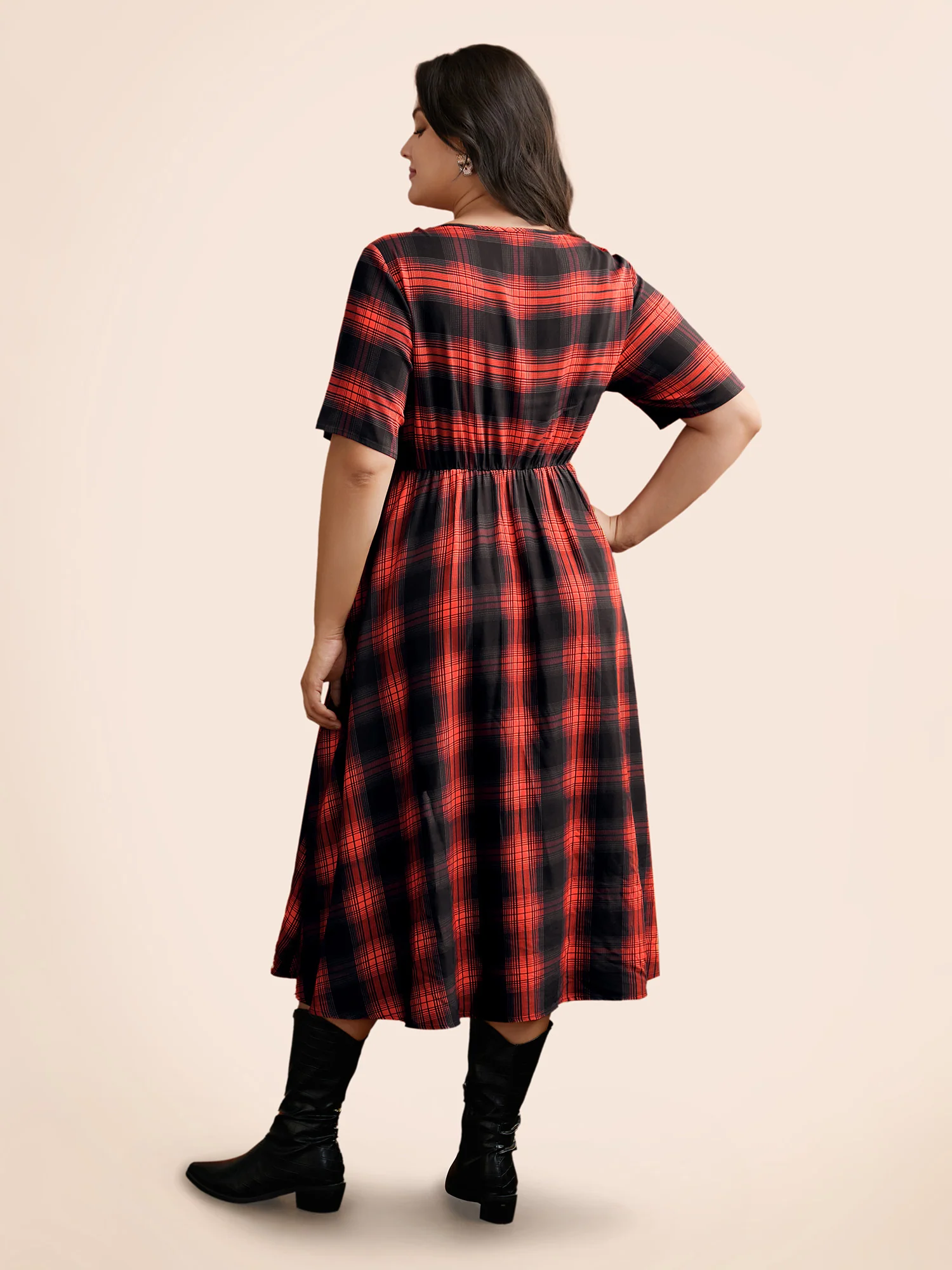 Stretchy Plaid Contrast Splicing Midi Dress - Image 4