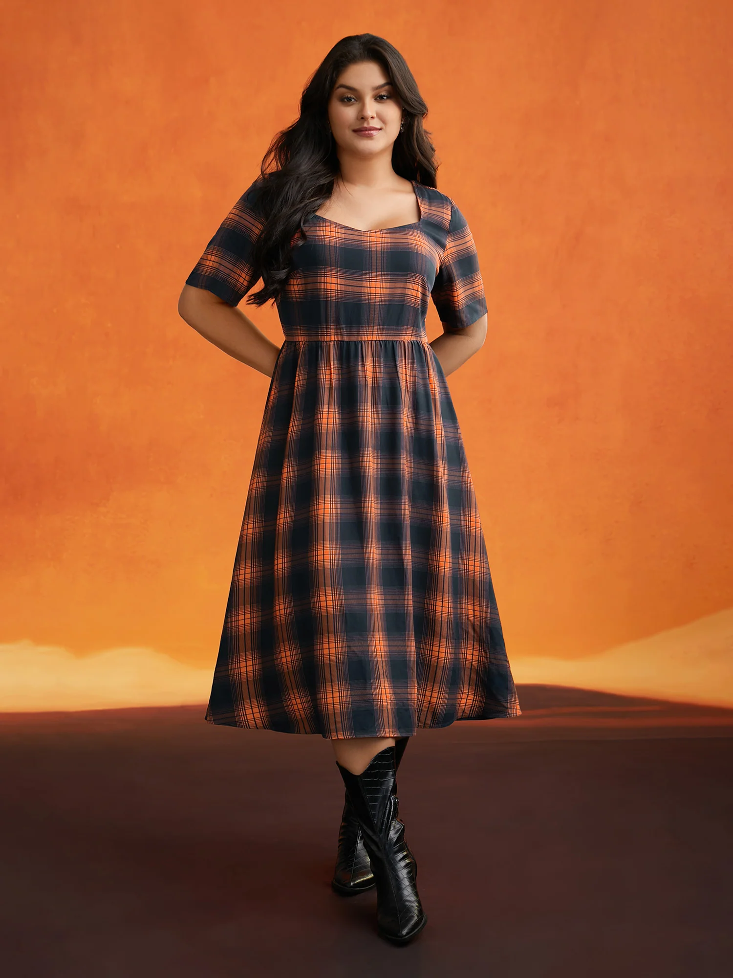 Stretchy Plaid Contrast Splicing Midi Dress - Image 5