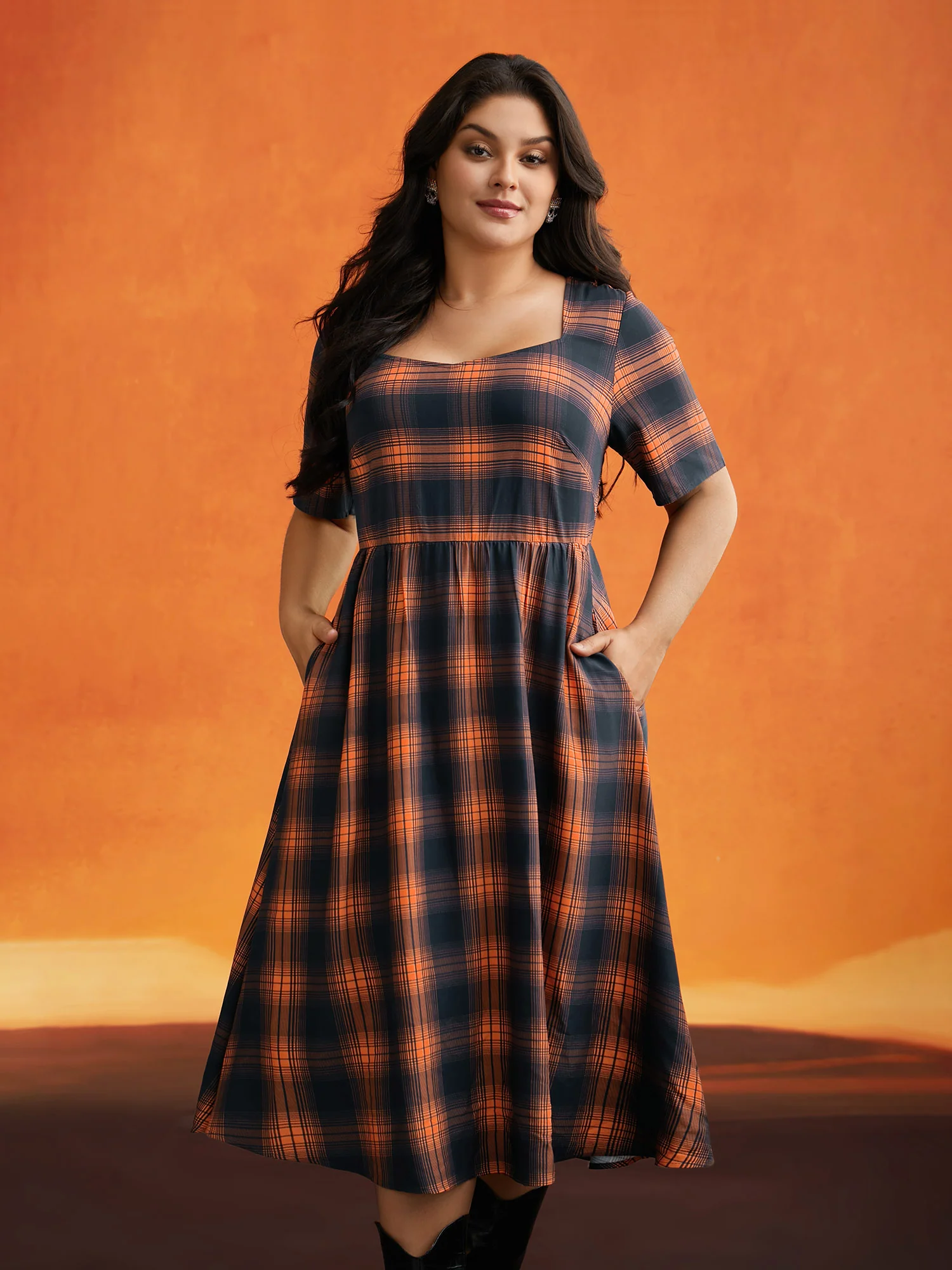 Stretchy Plaid Contrast Splicing Midi Dress - Image 7