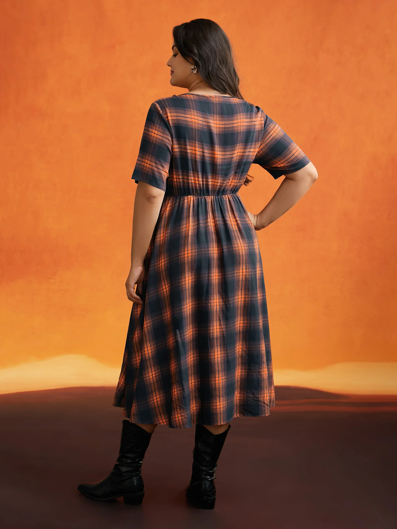 Stretchy Plaid Contrast Splicing Midi Dress - Image 8