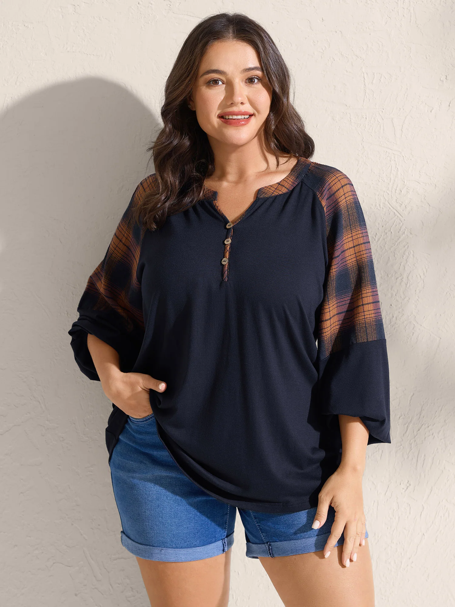 Stretchy Plaid Sleeve Split Neck T-Shirt - Image 2