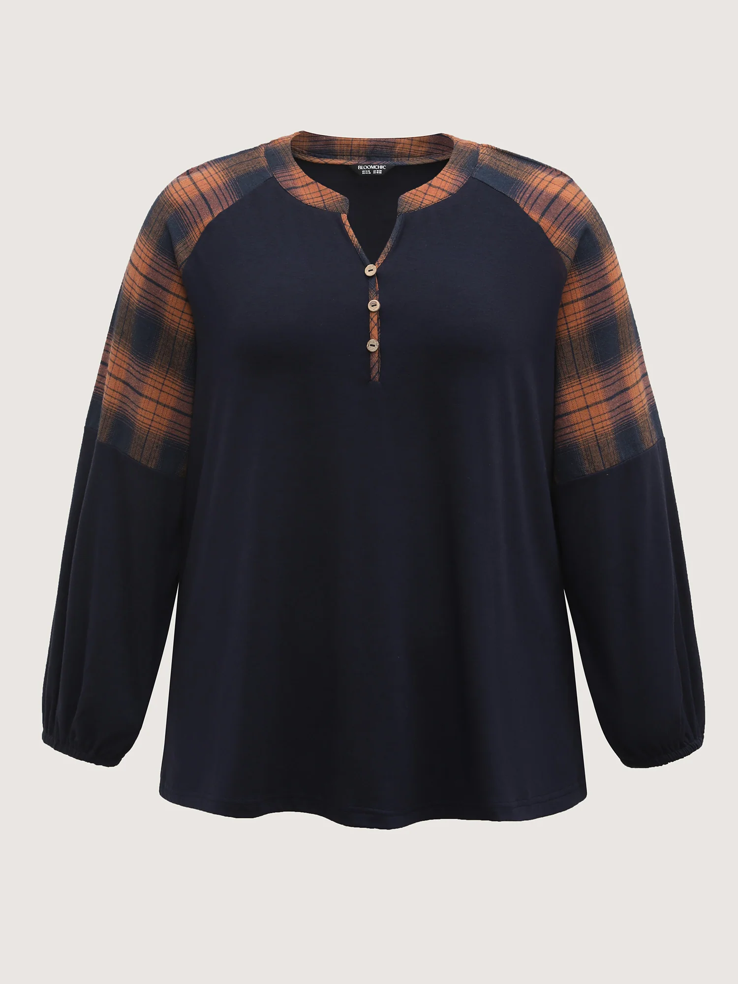 Stretchy Plaid Sleeve Split Neck T-Shirt - Image 8