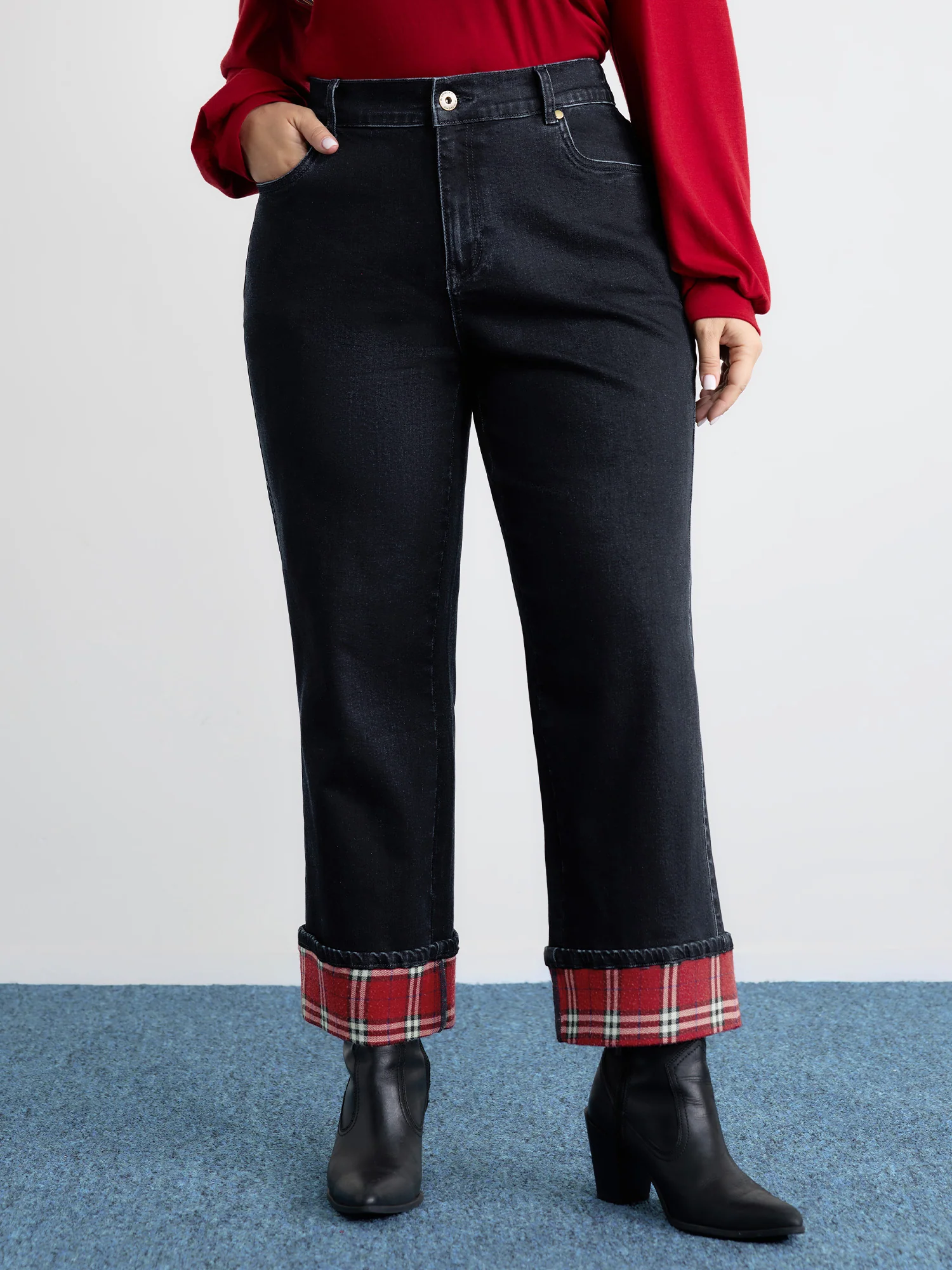 Plaid Folded Hem Cropped Straight-Leg Jeans - Image 2