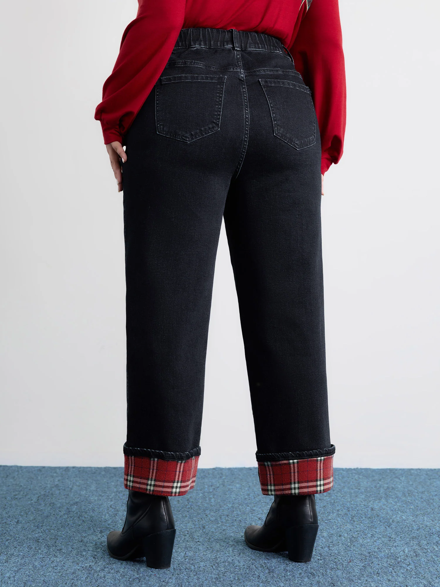 Plaid Folded Hem Cropped Straight-Leg Jeans - Image 6