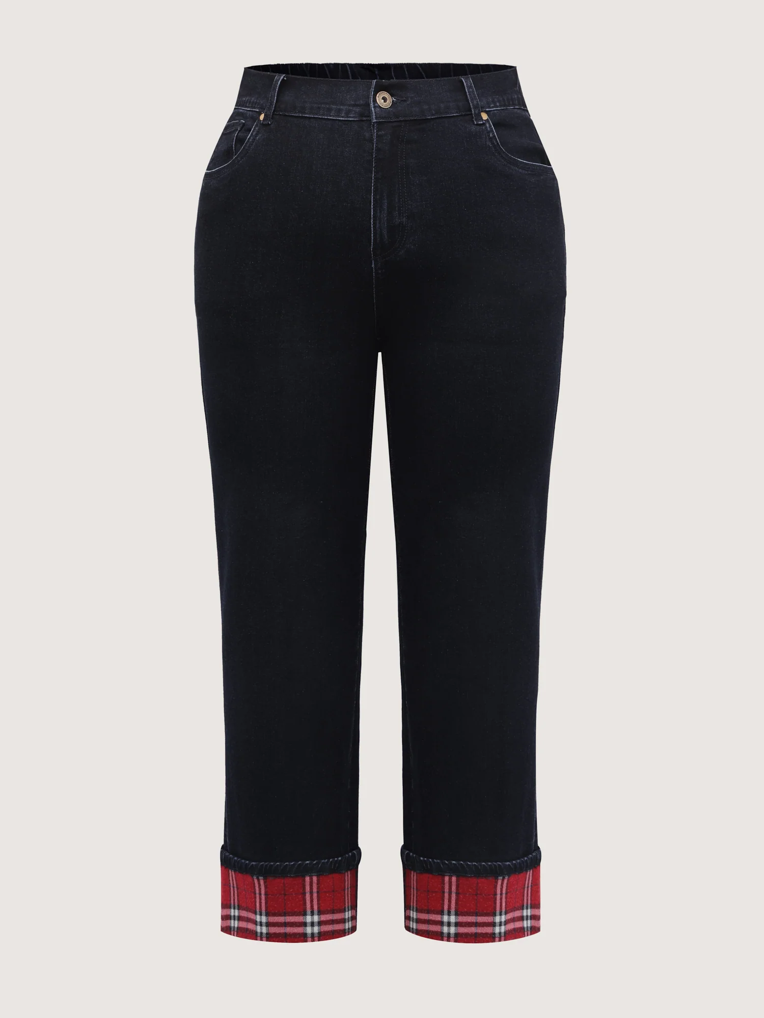 Plaid Folded Hem Cropped Straight-Leg Jeans - Image 7