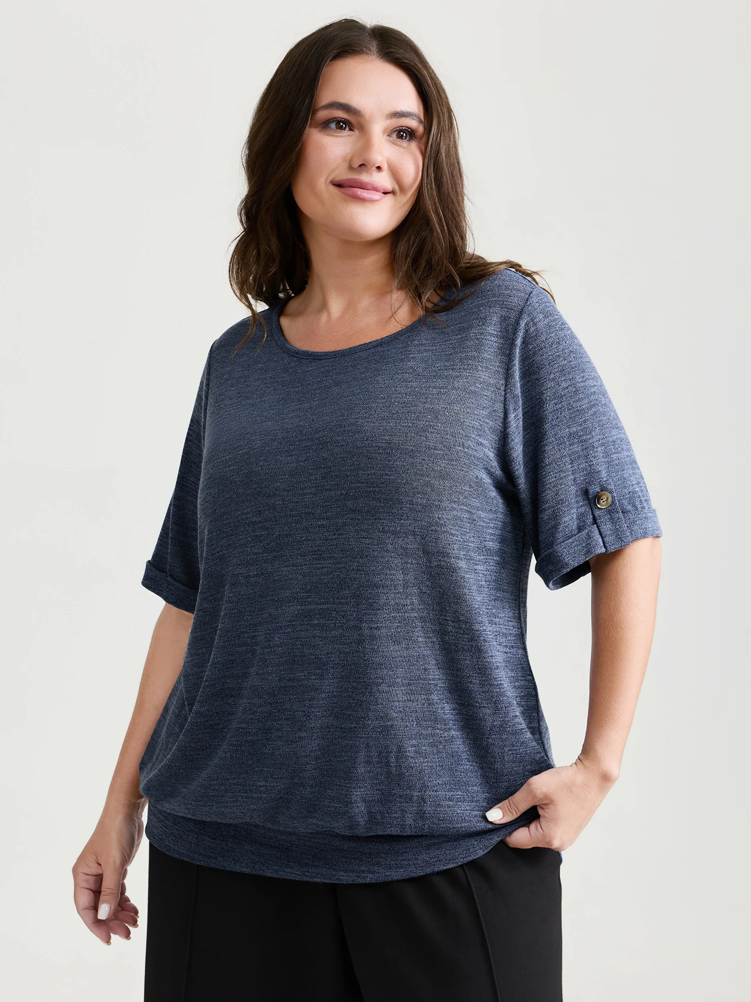 Stretchy Plain Folded Cuff Sleeve T-Shirt
