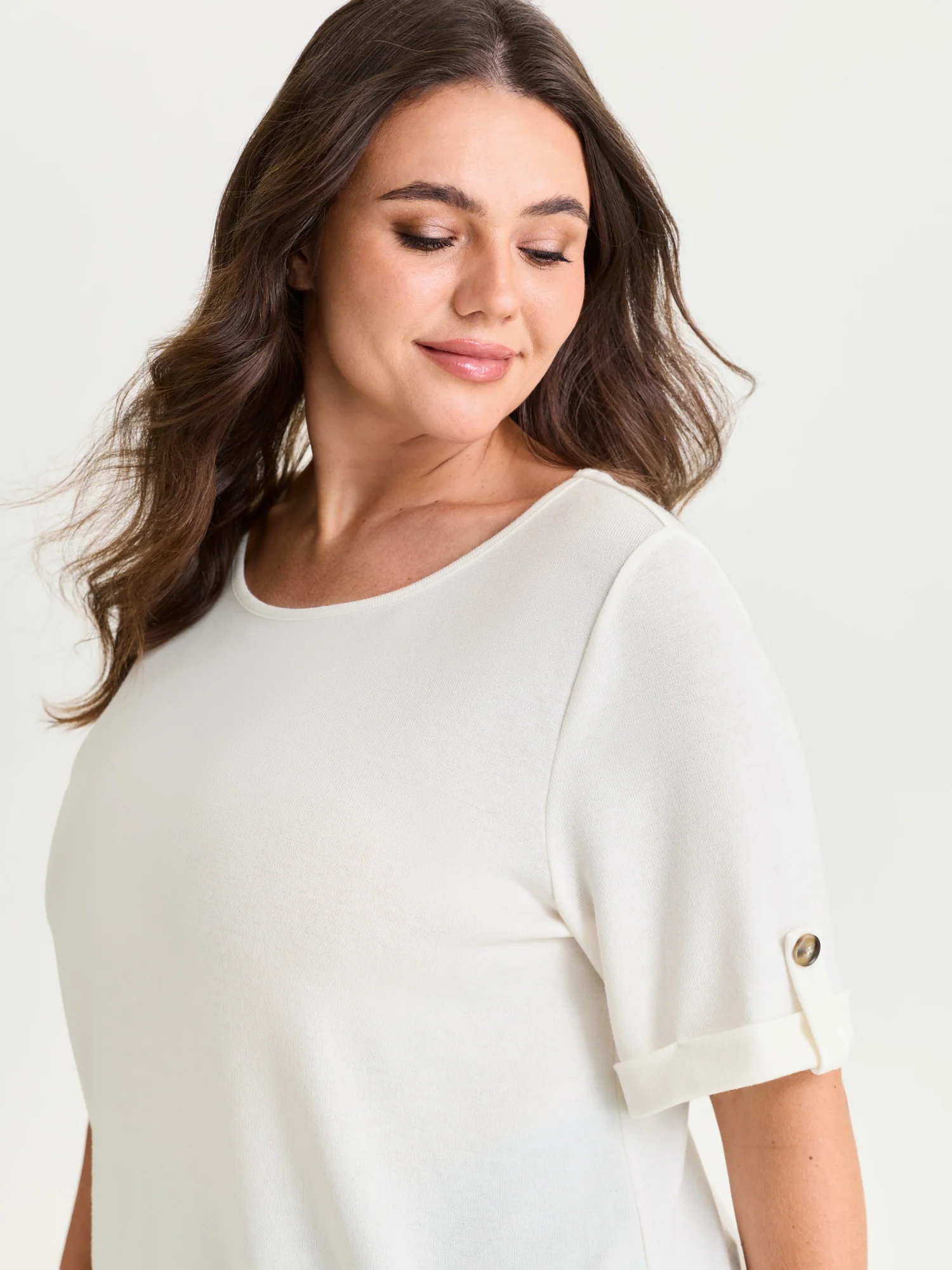 Stretchy Plain Folded Cuff Sleeve T-Shirt - Image 10