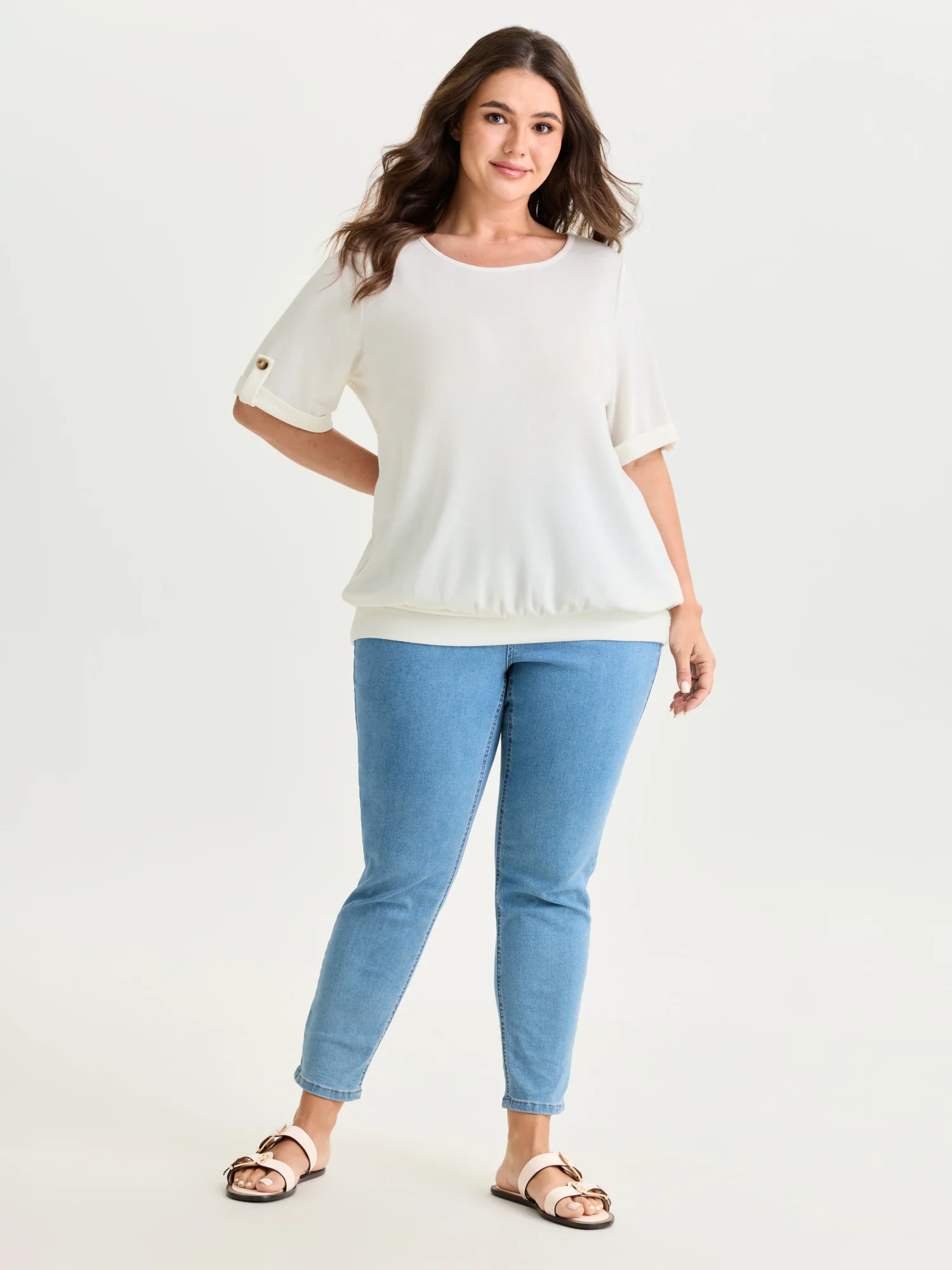 Stretchy Plain Folded Cuff Sleeve T-Shirt - Image 11