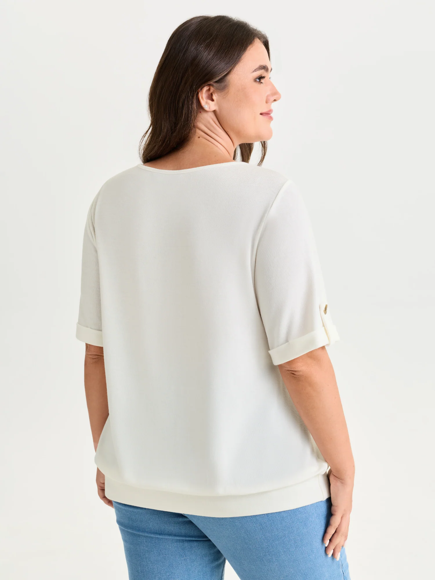 Stretchy Plain Folded Cuff Sleeve T-Shirt - Image 12