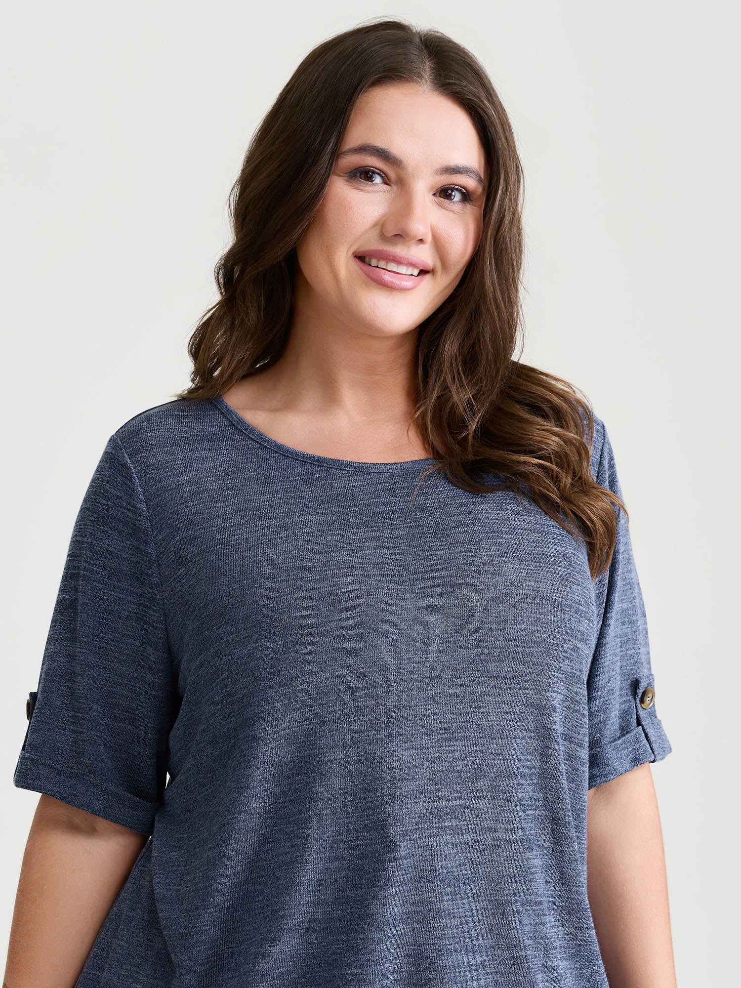 Stretchy Plain Folded Cuff Sleeve T-Shirt - Image 2