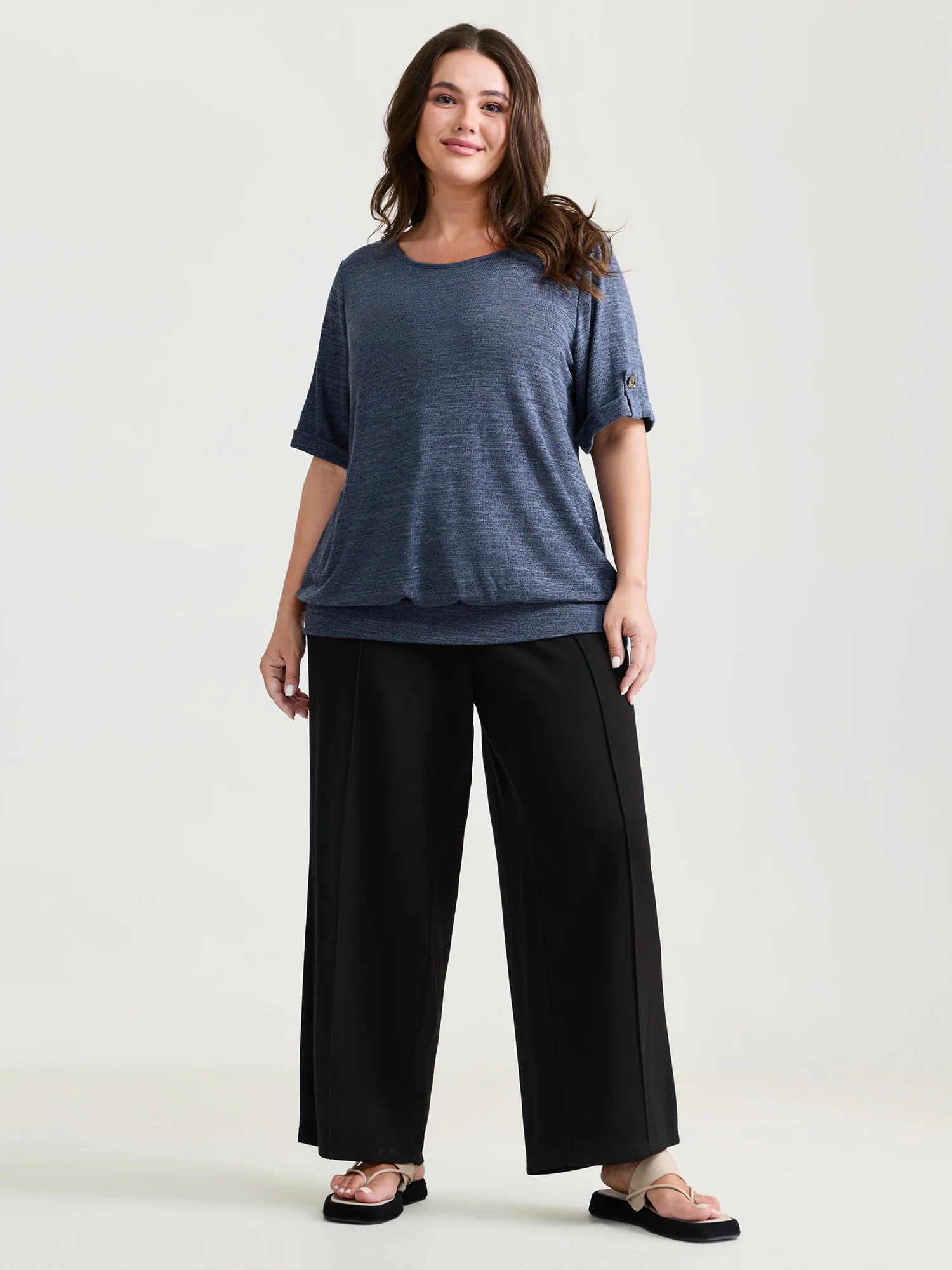 Stretchy Plain Folded Cuff Sleeve T-Shirt - Image 3