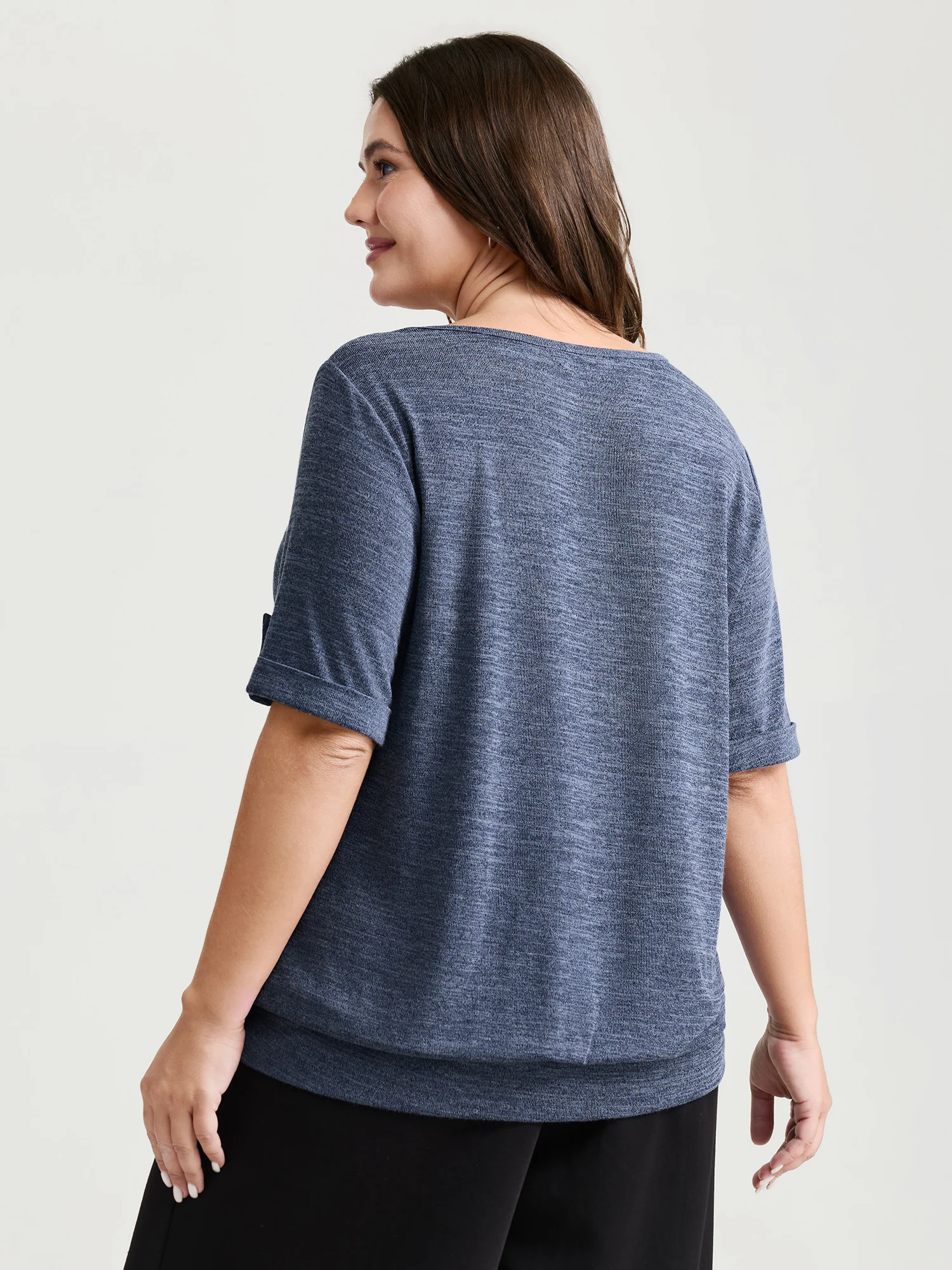 Stretchy Plain Folded Cuff Sleeve T-Shirt - Image 5