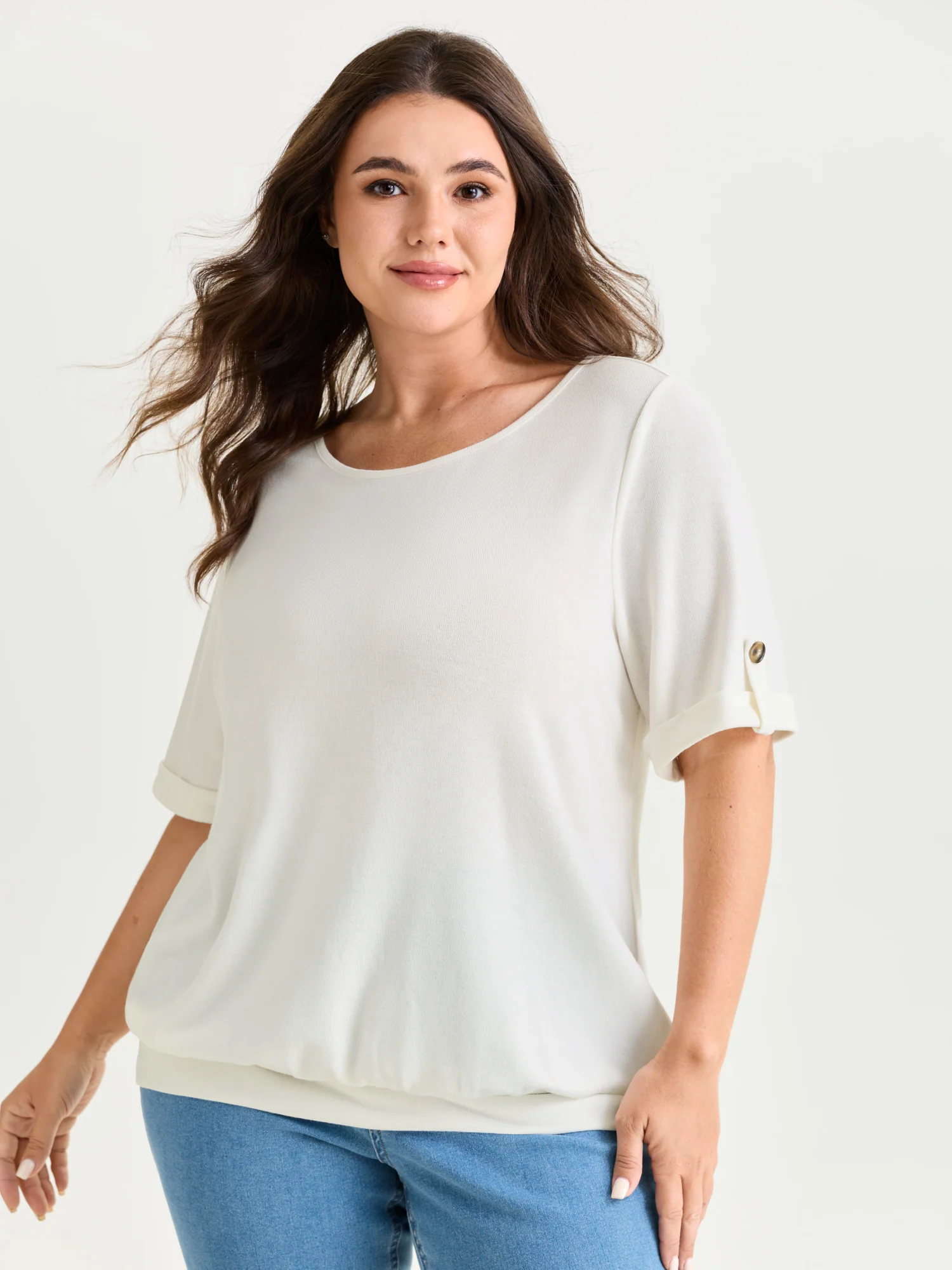 Stretchy Plain Folded Cuff Sleeve T-Shirt - Image 9