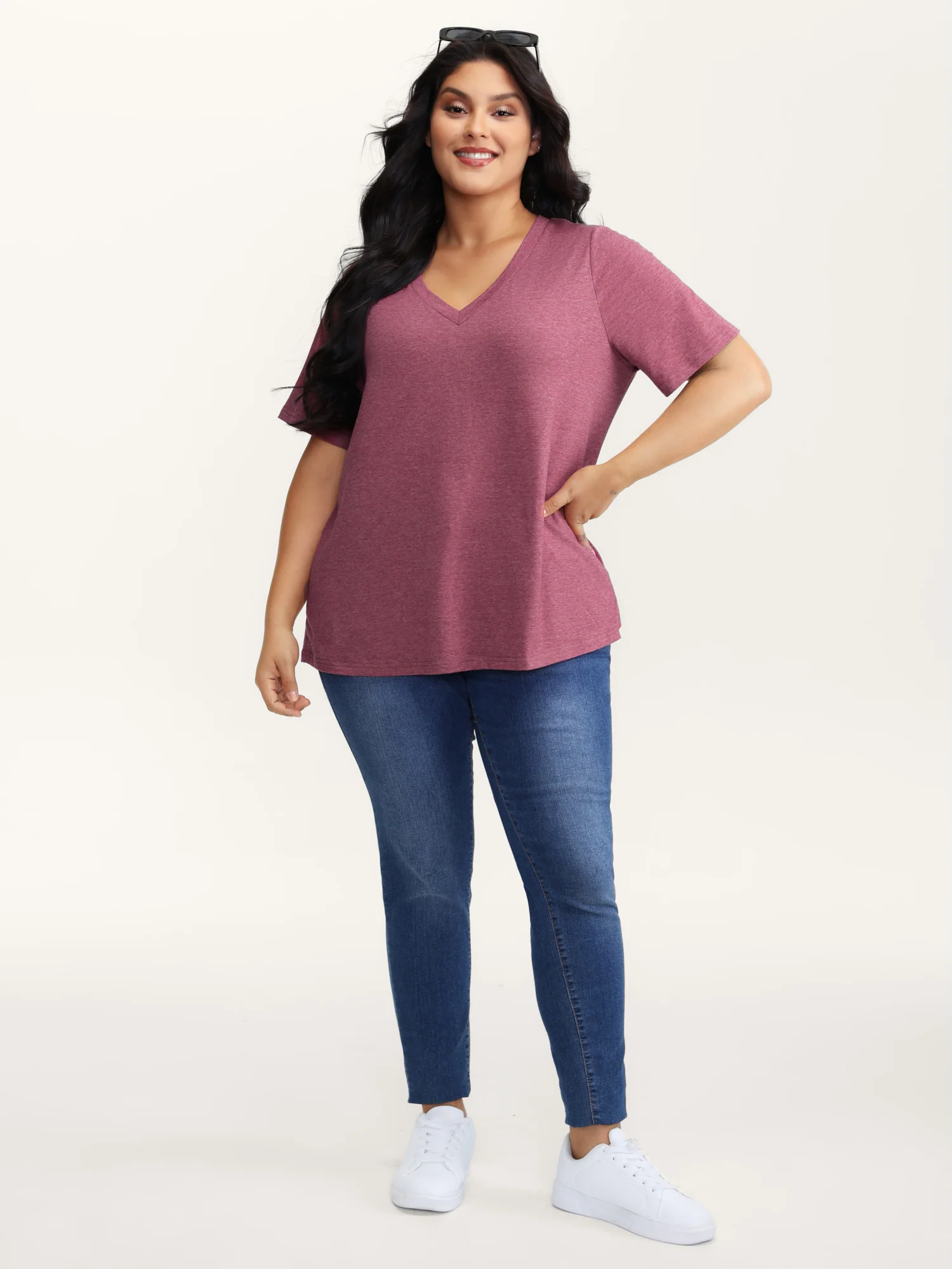 Stretchy Plain V-Neck T-Shirt - Image 3