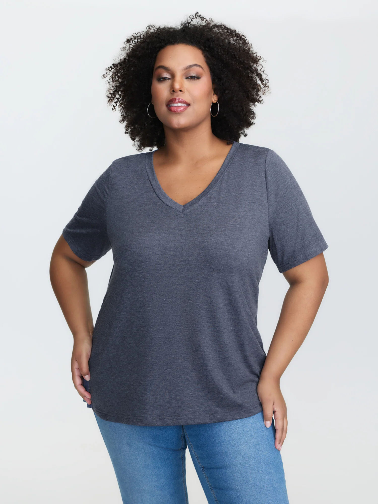 Stretchy Plain V-Neck T-Shirt - Image 5