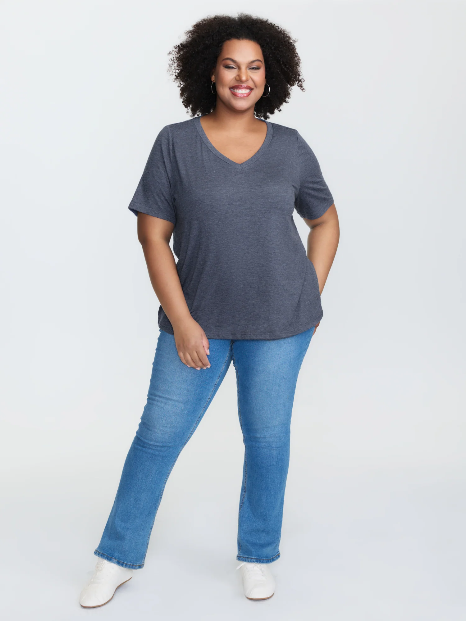 Stretchy Plain V-Neck T-Shirt - Image 7