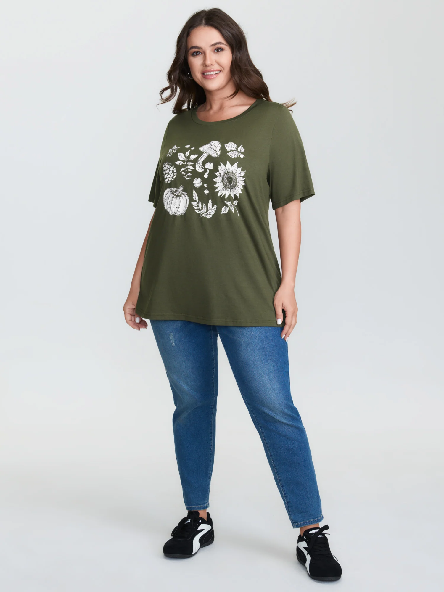 Stretchy Plant Print Round Neck T-Shirt - Image 3