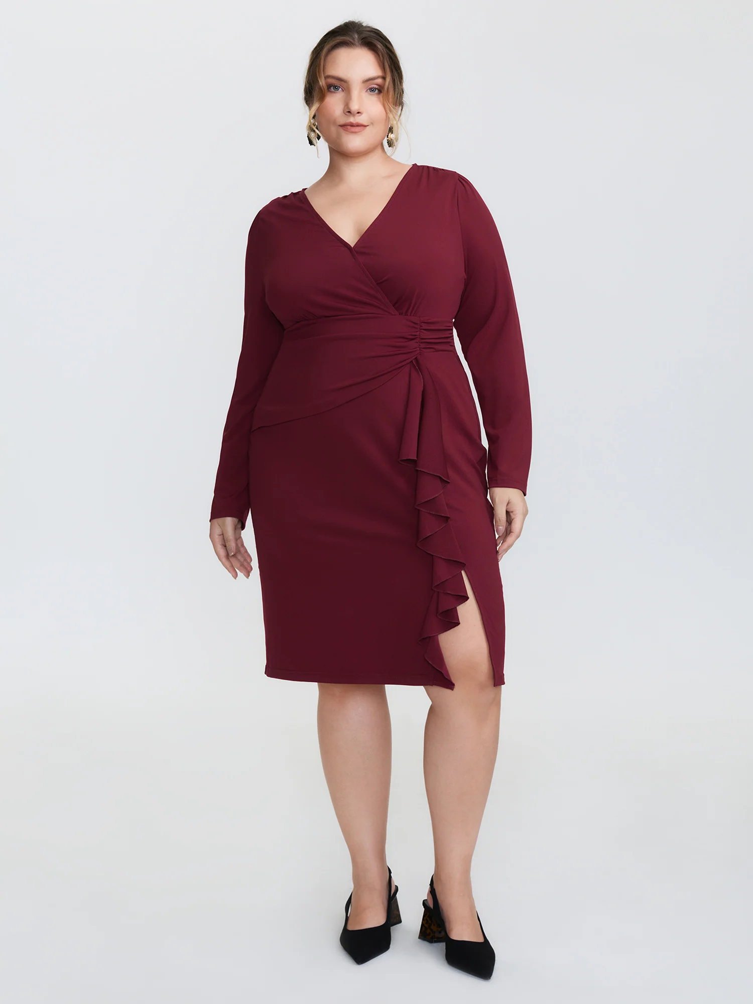 Stretchy Pleated Ruffed Hem Bodycon Fit Midi Dress - Image 2