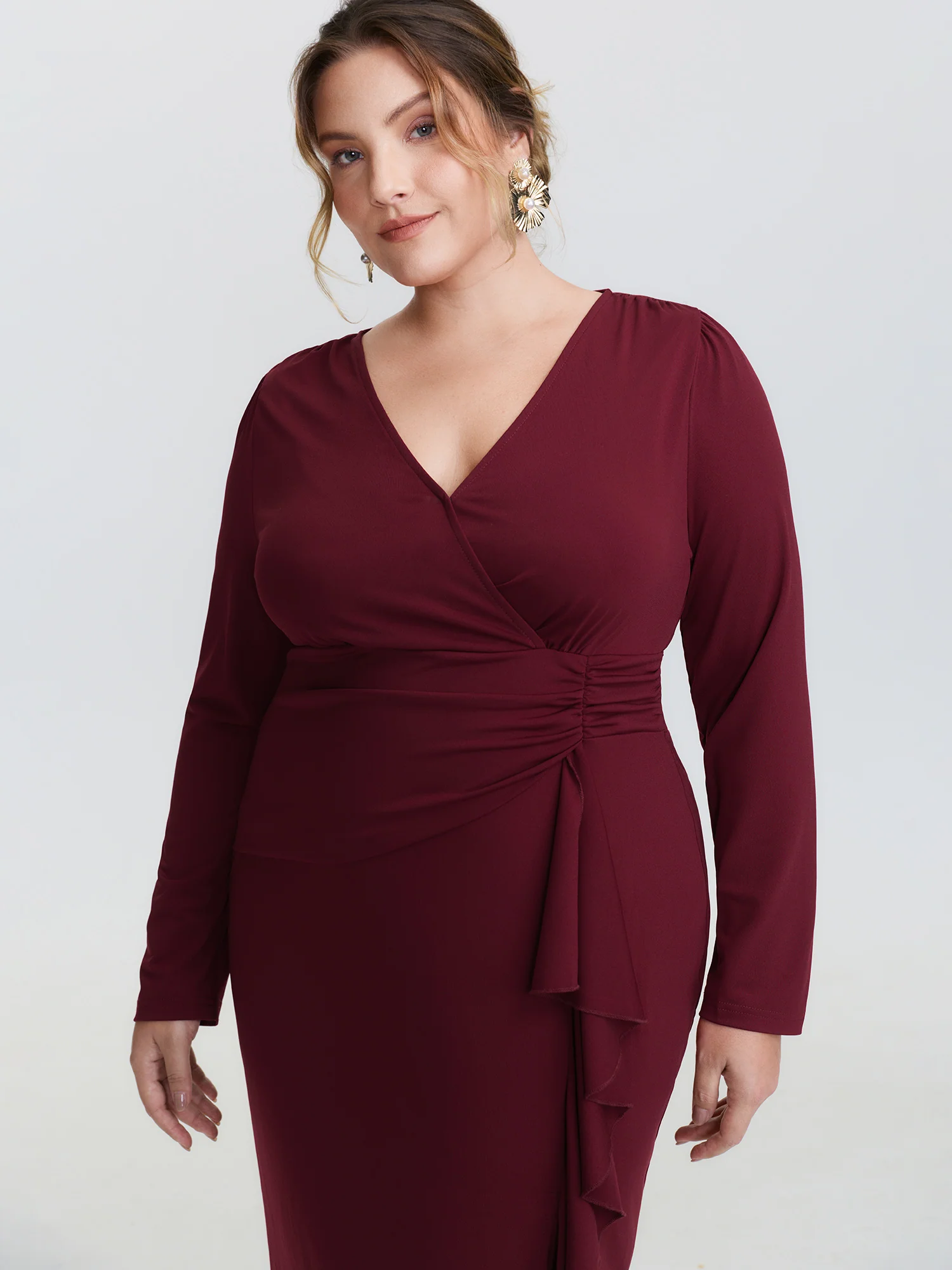 Stretchy Pleated Ruffed Hem Bodycon Fit Midi Dress - Image 3