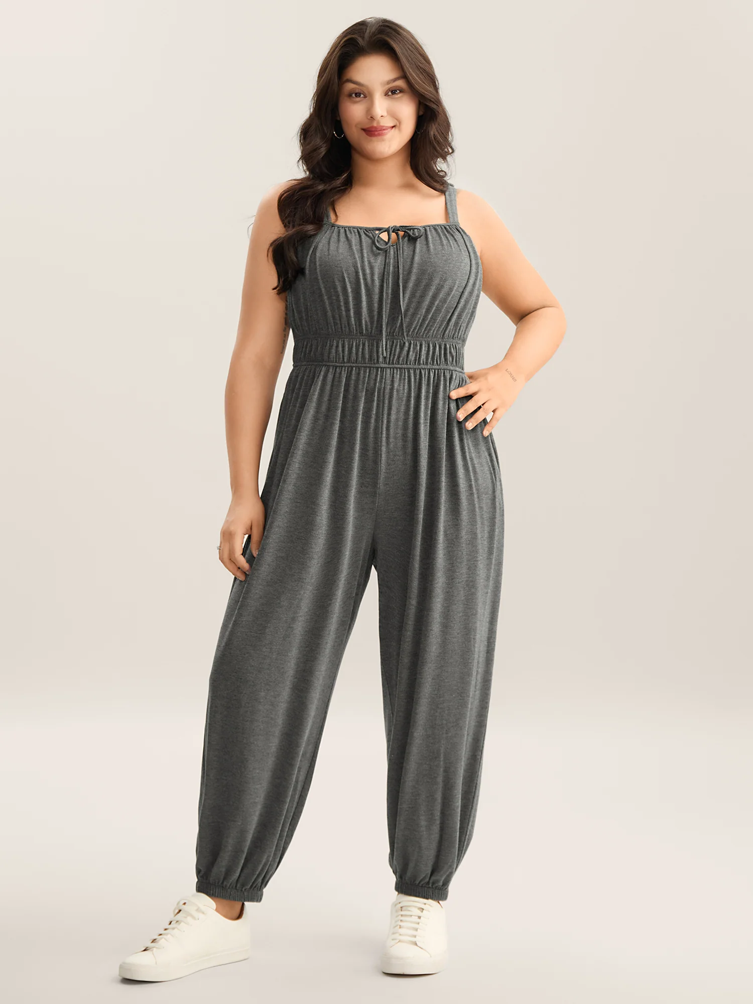 Stretchy Pleated Straps Pockets Jumpsuit - Image 3