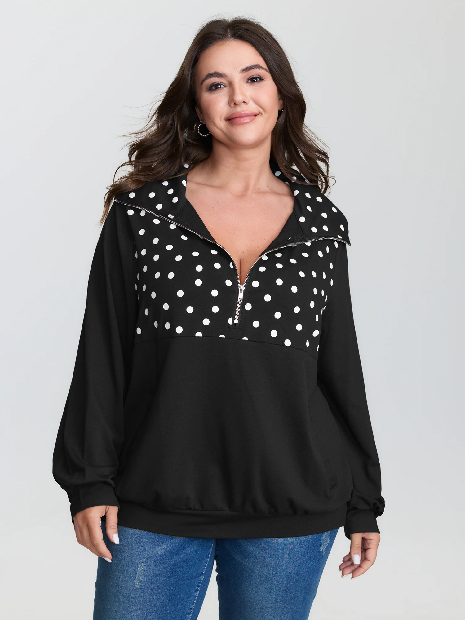 Stretchy Polka Dots Half-Zipper Sweatshirt
