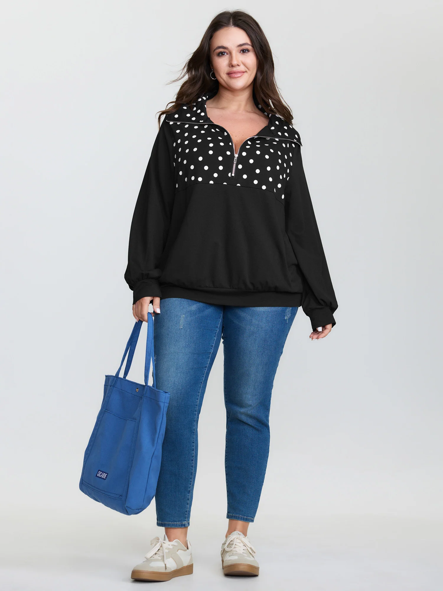 Stretchy Polka Dots Half-Zipper Sweatshirt - Image 4
