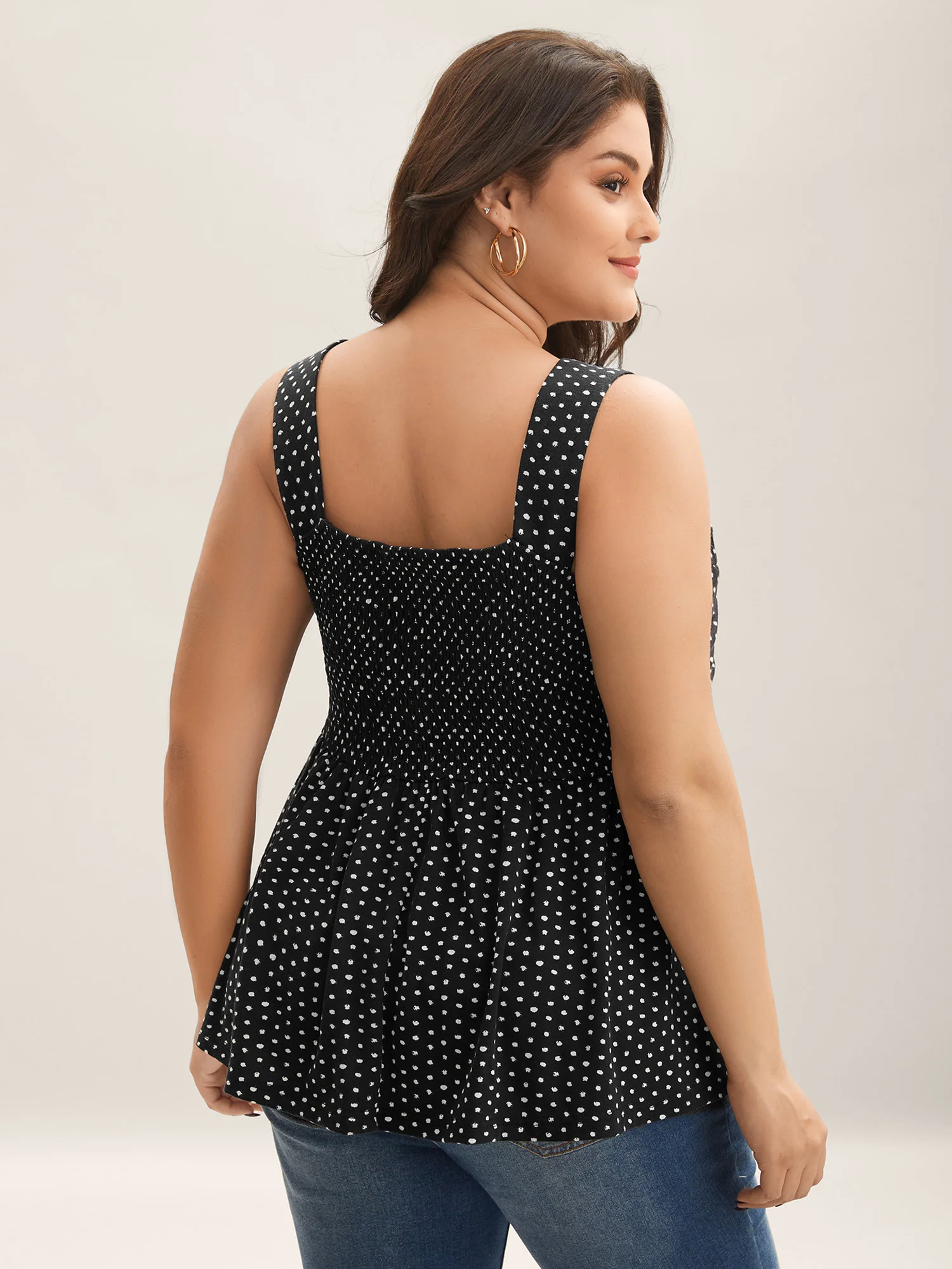 Stretchy Polka Dots Shirred Tank Top - Image 3