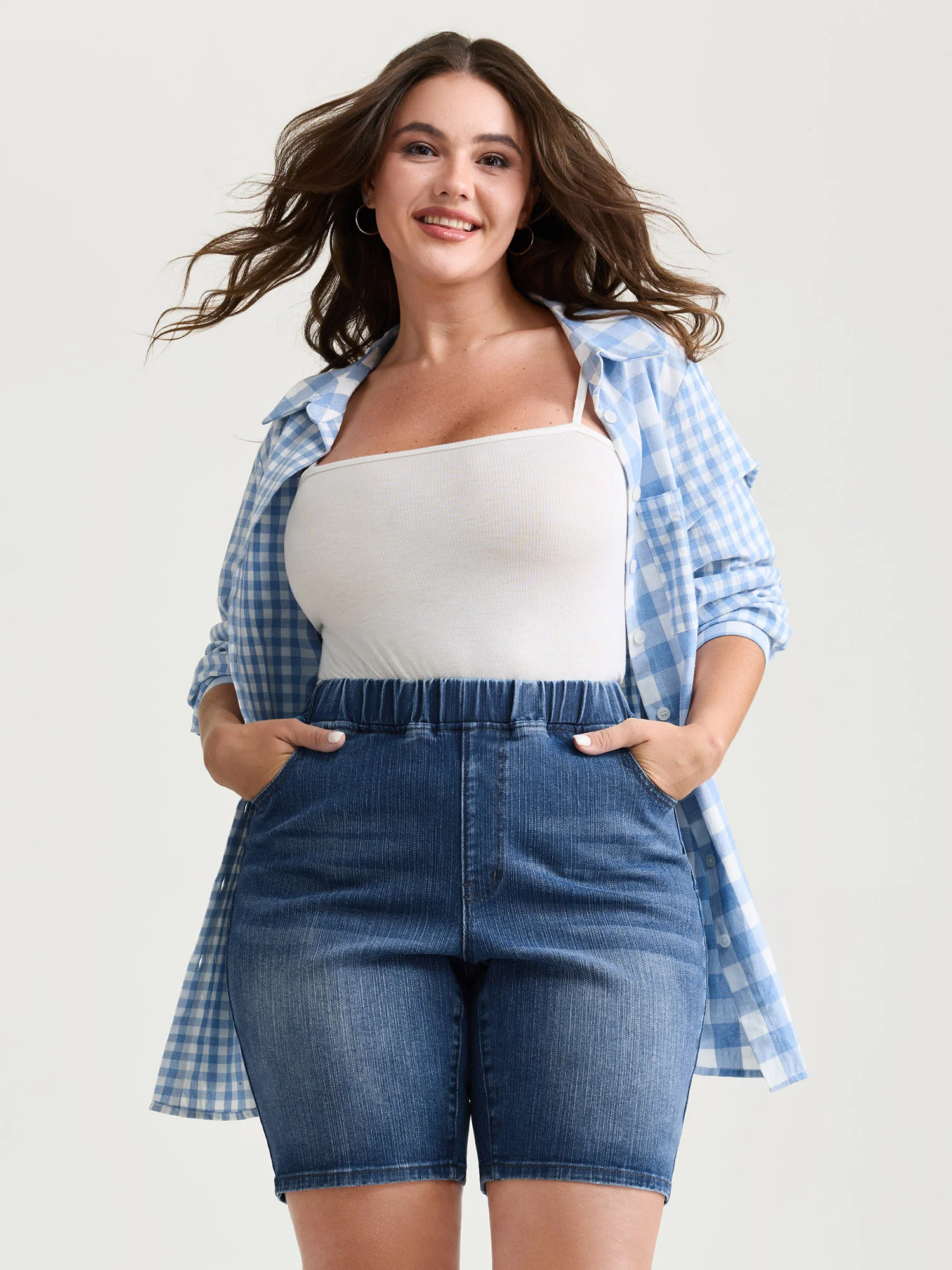 Stretchy Pull-On High Waist Pockets Denim Shorts