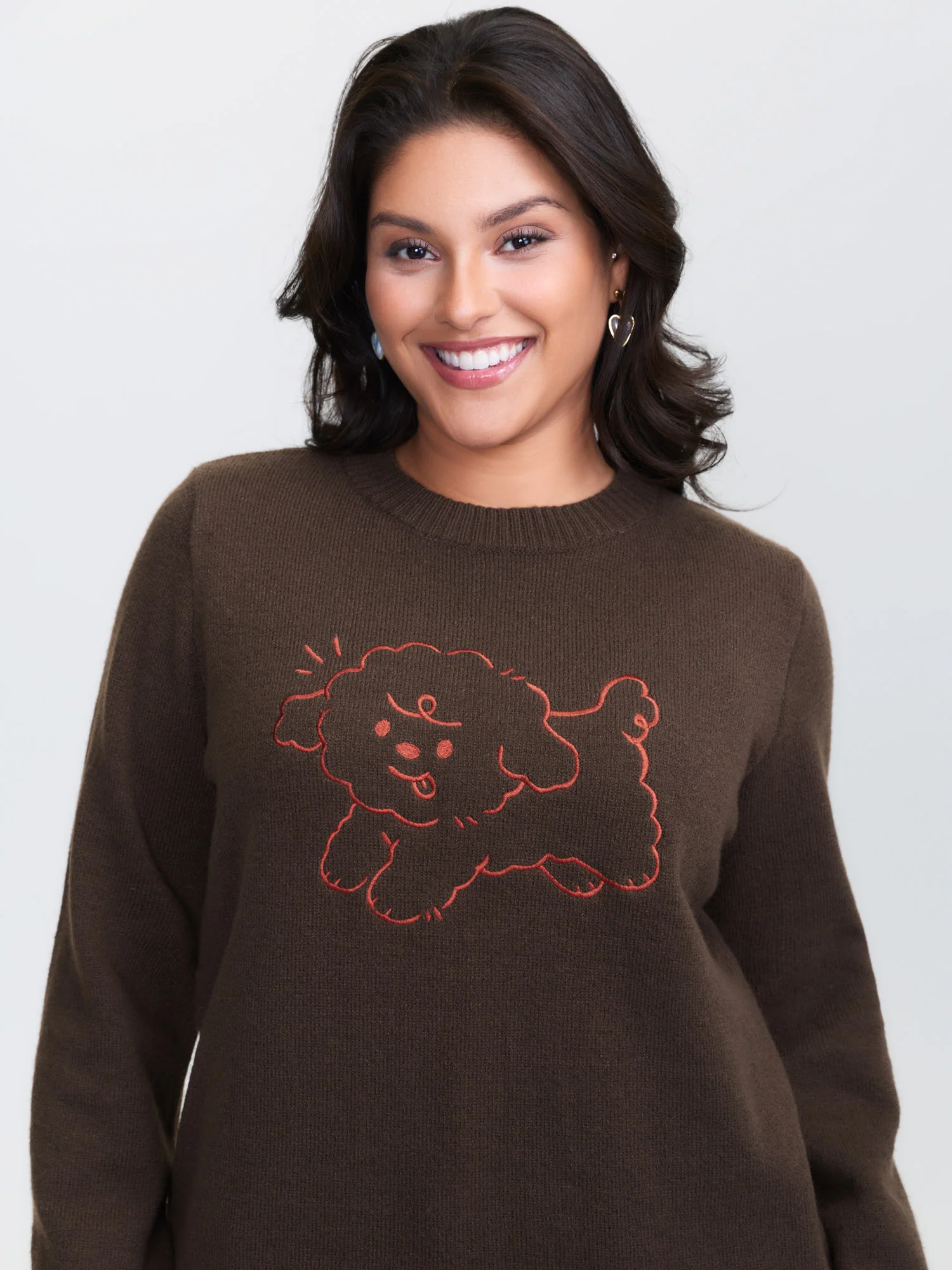 Stretchy Puppy Pattern Embroidered Contrast Pullover - Image 2