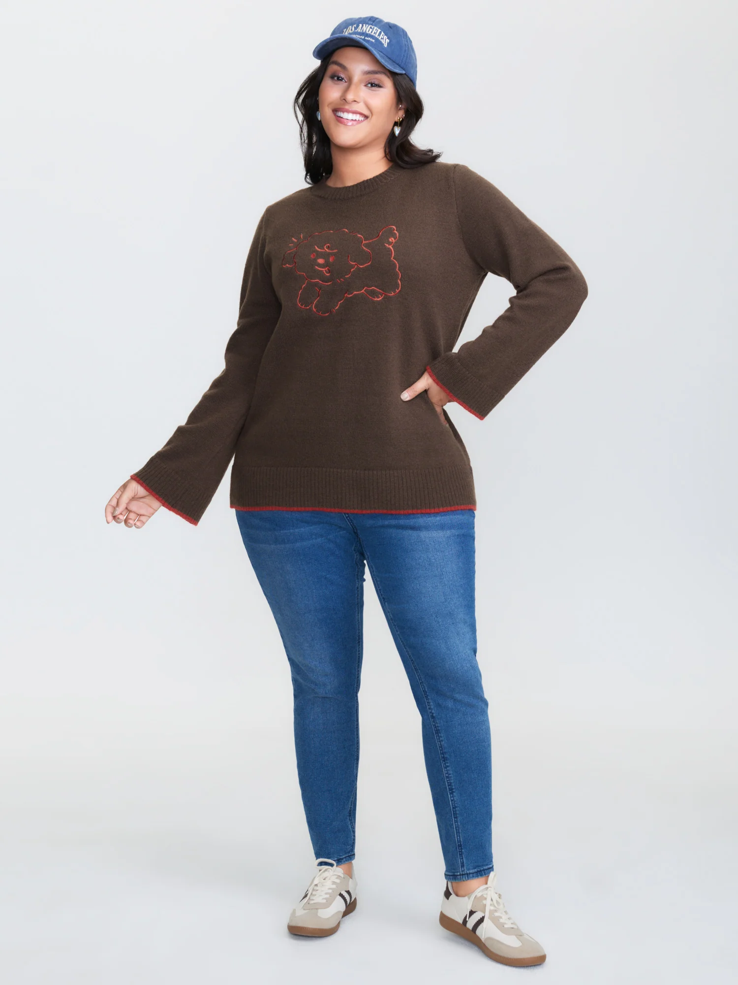Stretchy Puppy Pattern Embroidered Contrast Pullover - Image 3
