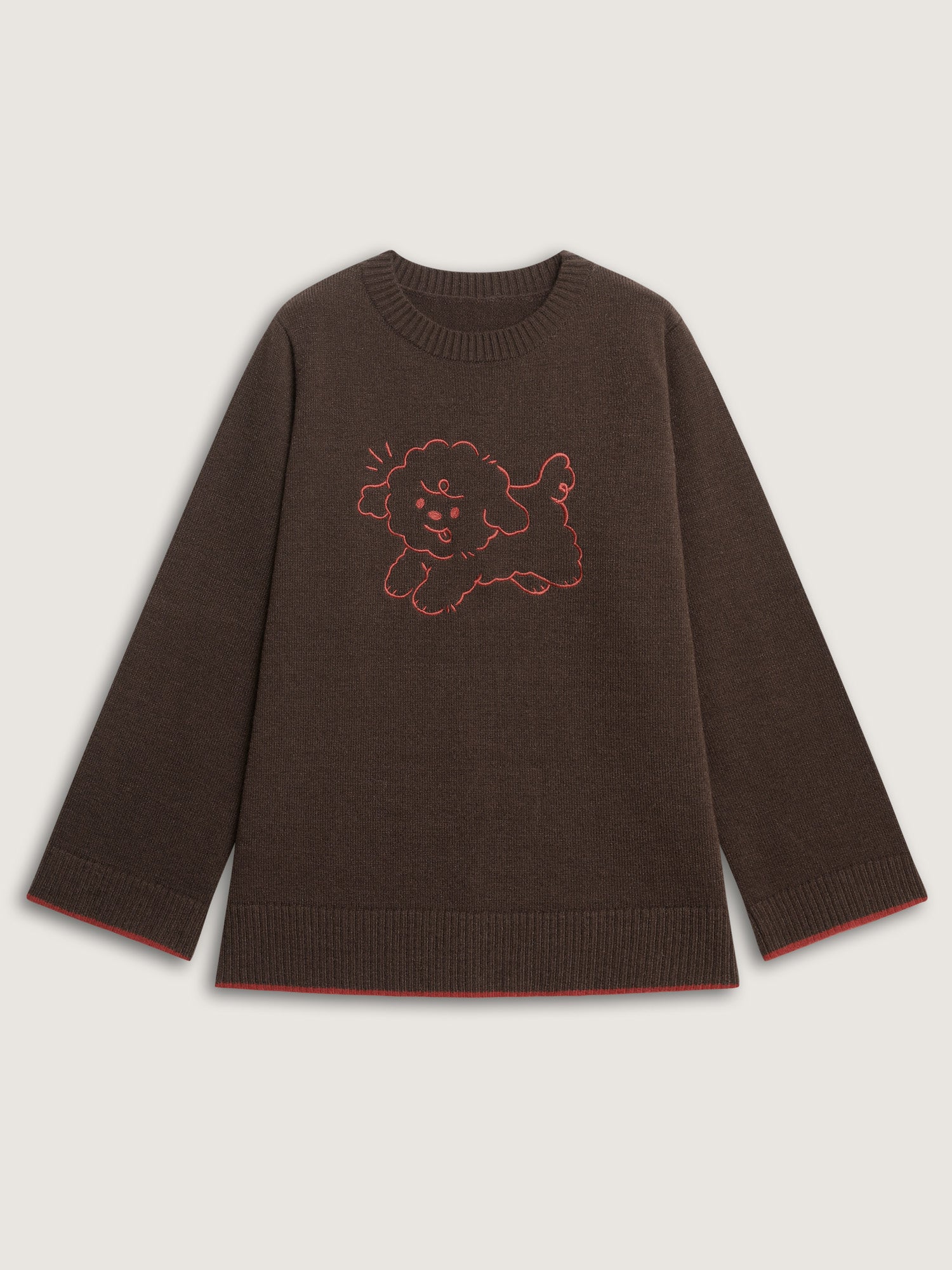 Stretchy Puppy Pattern Embroidered Contrast Pullover - Image 7