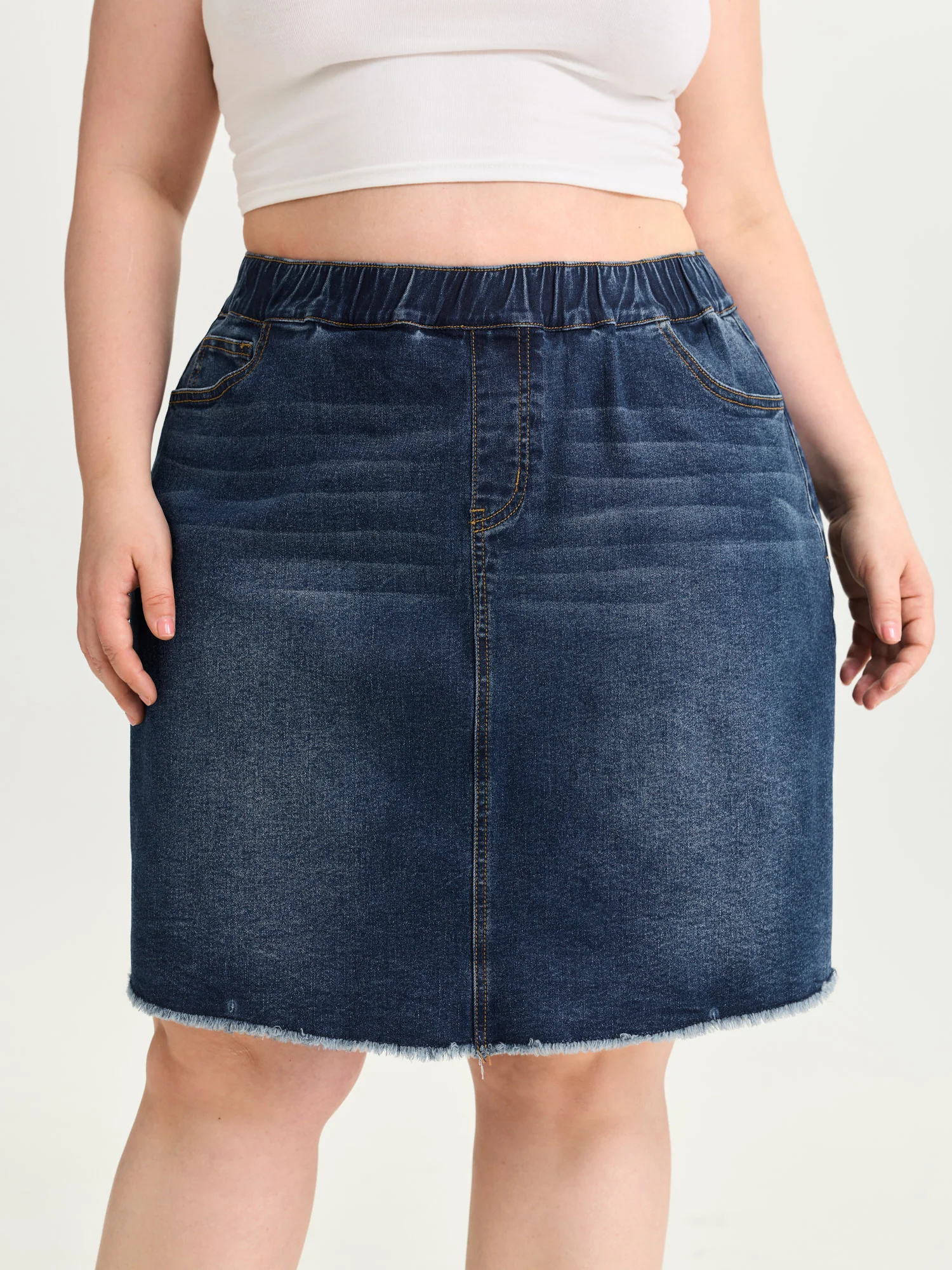 Stretchy Raw Hem Elastic Waist Denim Skort - Image 2