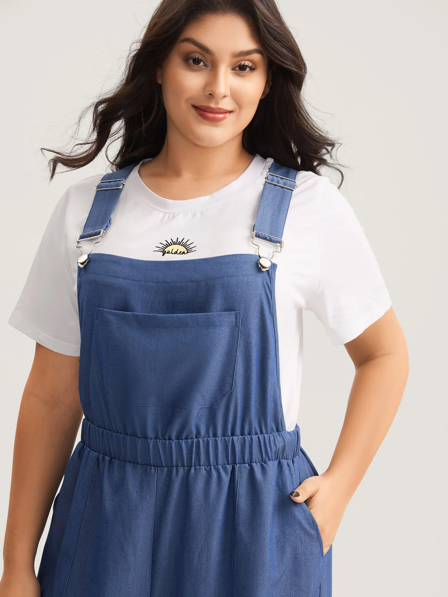 Stretchy Rayon Overall Straps Denim Jumpsuit - Image 2